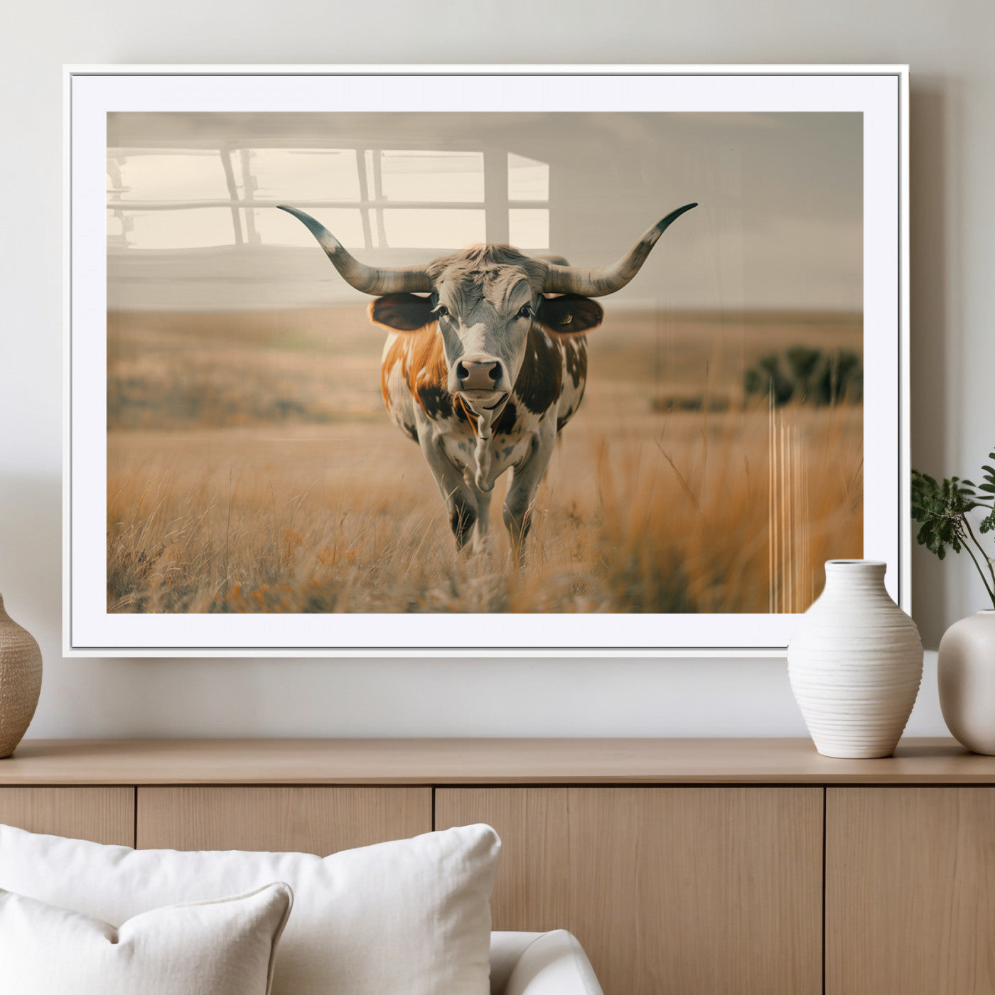 MGC-FP-36x24 - Texas Cow Longhorn Wall Art Canvas Print for Farm House Wall Decor, Farmhouse Cow Print Canvas Wall