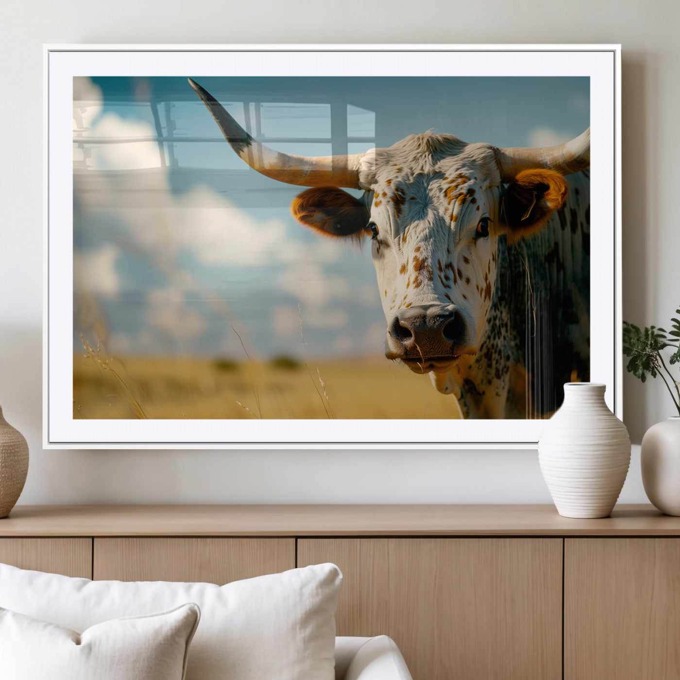 MGC-FP-36x24 - Longhorn in the Prairie - Stunning Ranch-Style Triptych Wall Art for Western Home Decor, Cowboy Wall