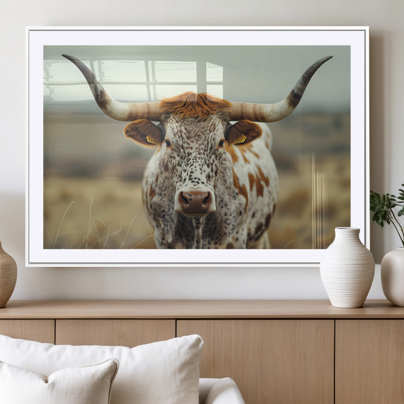 MGC-FP-36x24 - Texas Cow Longhorn Wall Art Canvas Print for Farm House Wall Decor, Farmhouse Wall Art Print