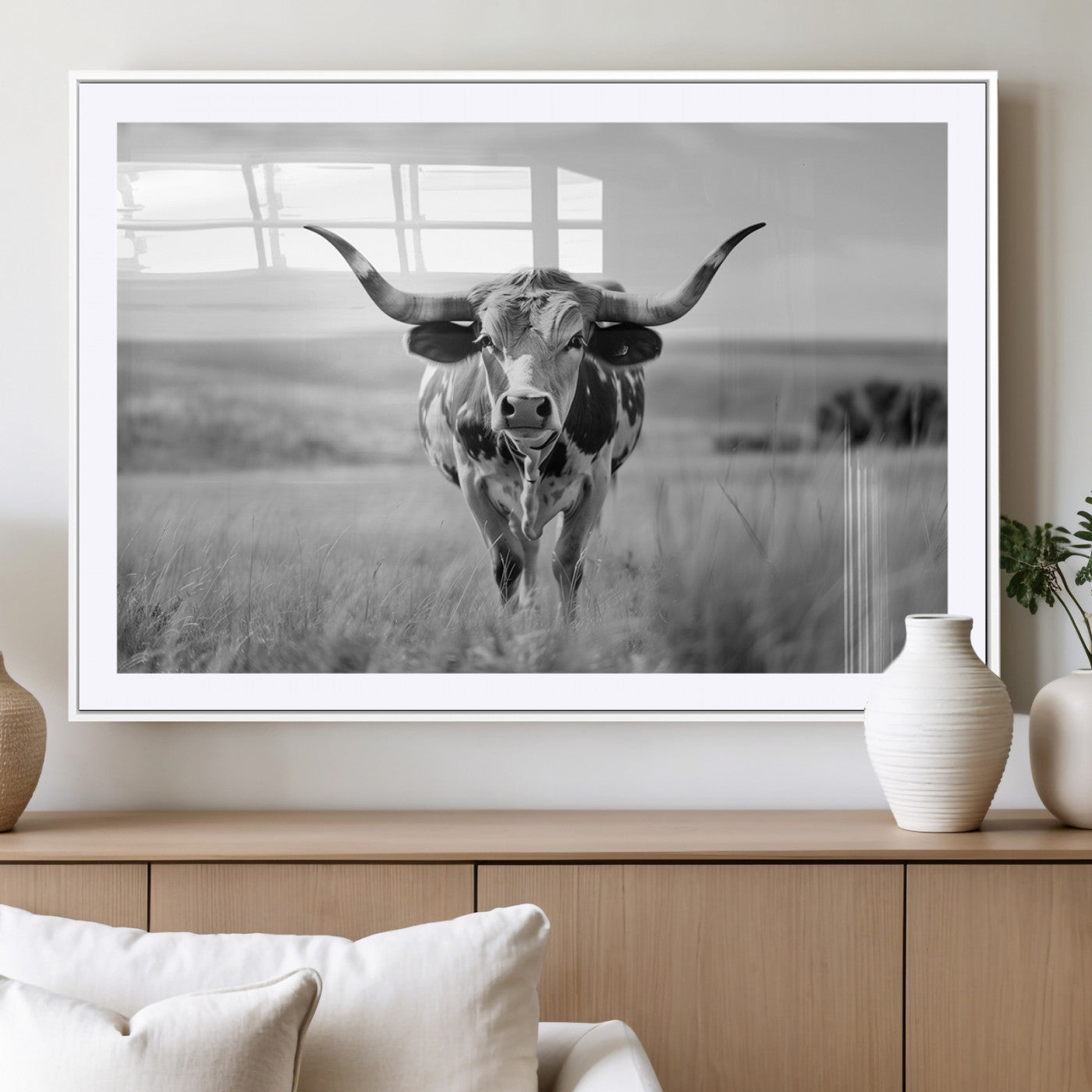 MGC-FP-36x24 - Texas Cow Longhorn Wall Art Canvas Print for Farm House Wall Decor, Farmhouse Wall Art Print