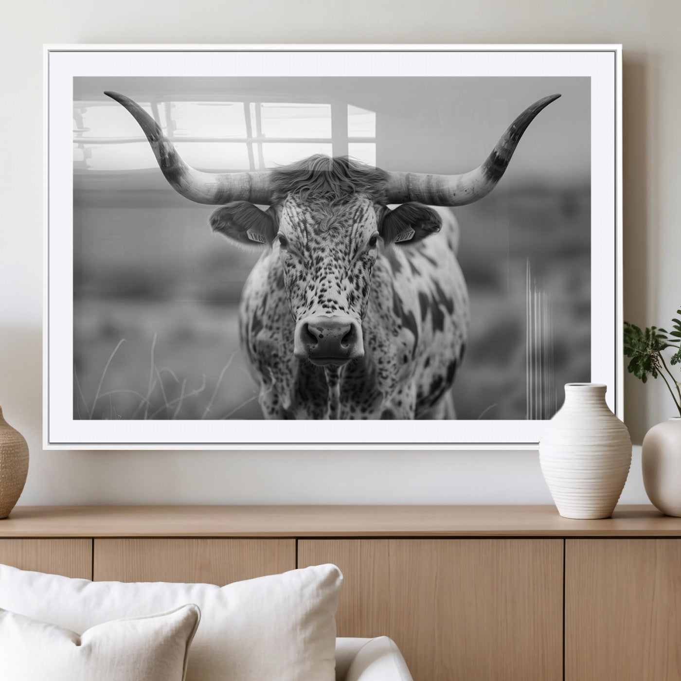 MGC-FP-36x24 - Texas Cow Longhorn Wall Art Canvas Print for Farm House Wall Decor, Farmhouse Wall Art Print