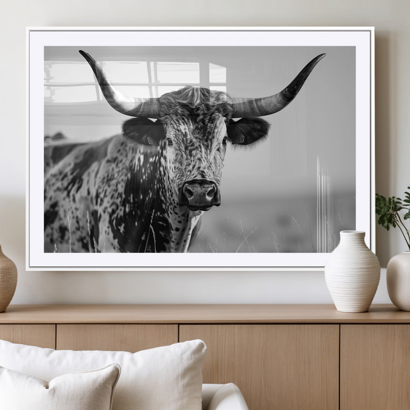 MGC-FP-36x24 - Texas Highland Cow Longhorn Canvas Print - Rustic Farmhouse Wall Art - Large Texas Longhorn