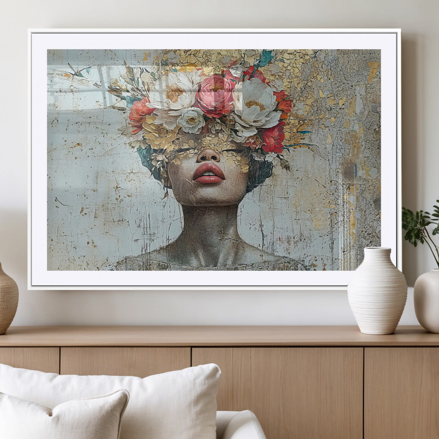 MGC-FP-36x24 - Golden Petal Wall Art Canvas Print - Silhouette Woman Wall Art Canvas Print, Floral Woman Portrait