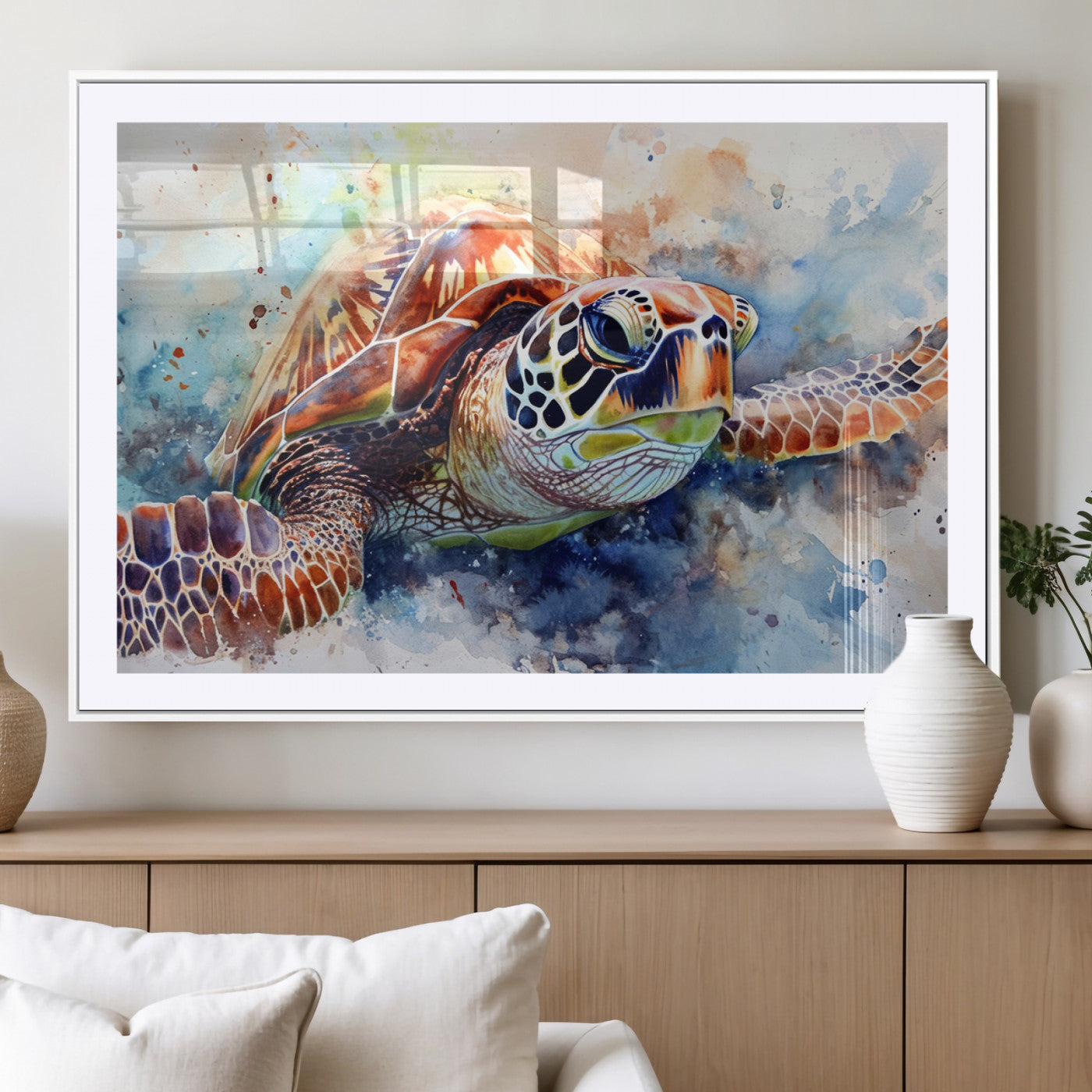 MGC-FP-36x24 - Watercolor Sea Turtle Wall Art Canvas Print - Vibrant Ocean Colors in Watercolor Style - Ready to