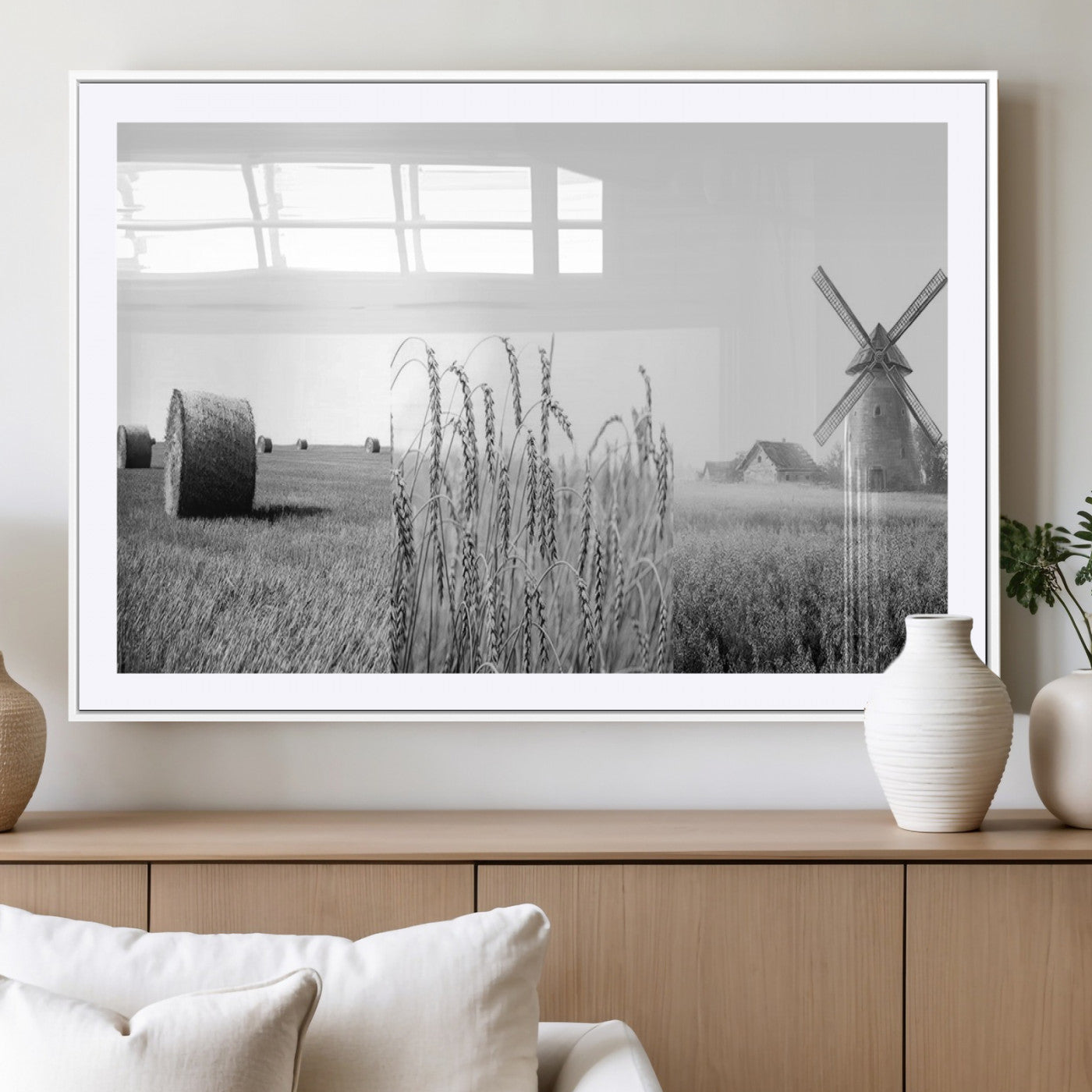 MGC-FP-36x24 - Vintage Farmhouse Black and White Triptych Wall Art – Giclee Canvas Featuring Wheat Fields, Hay