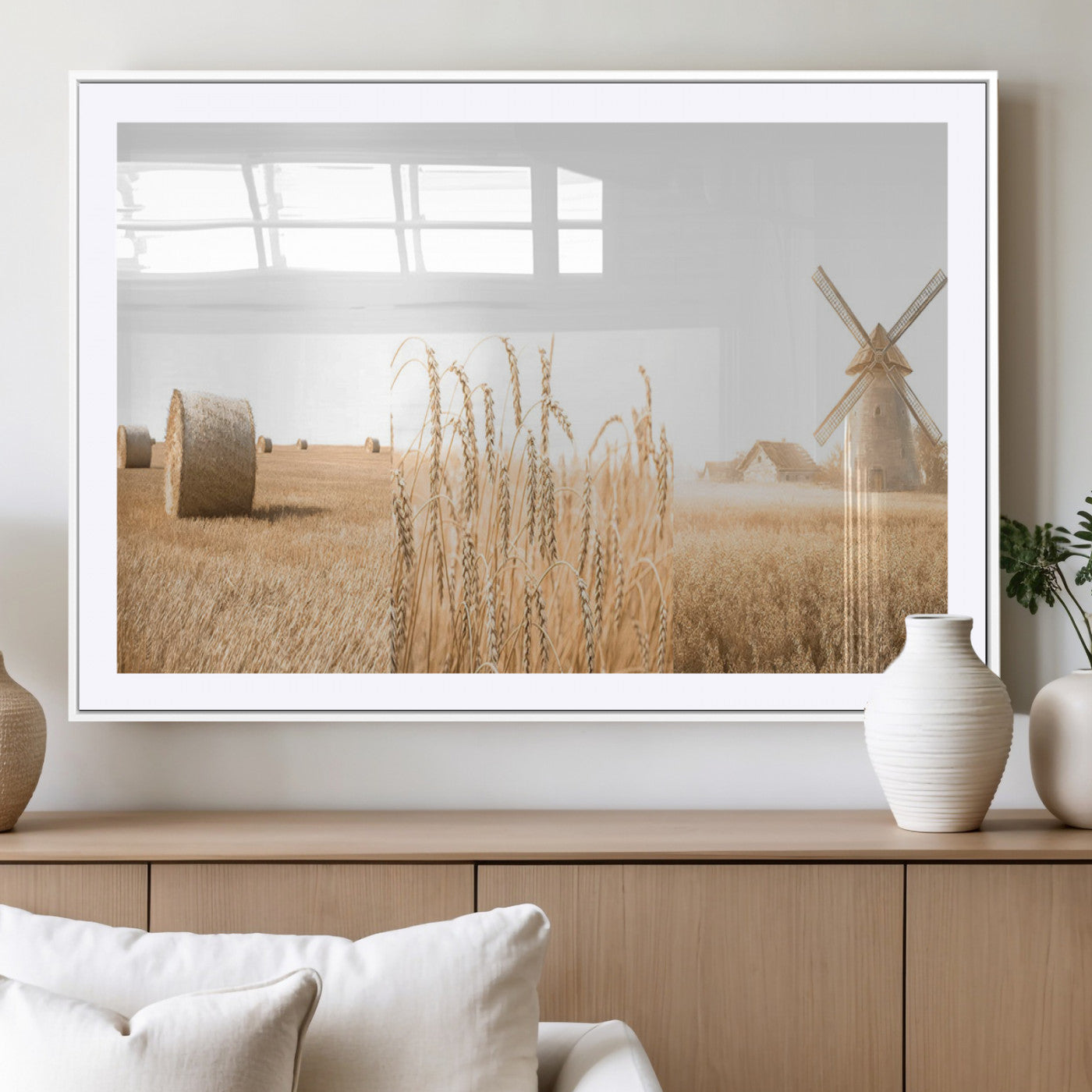MGC-FP-36x24 - Vintage Farmhouse Triptych Wall Art – Giclée Canvas Featuring Wheat Fields, Hay Bales, and a