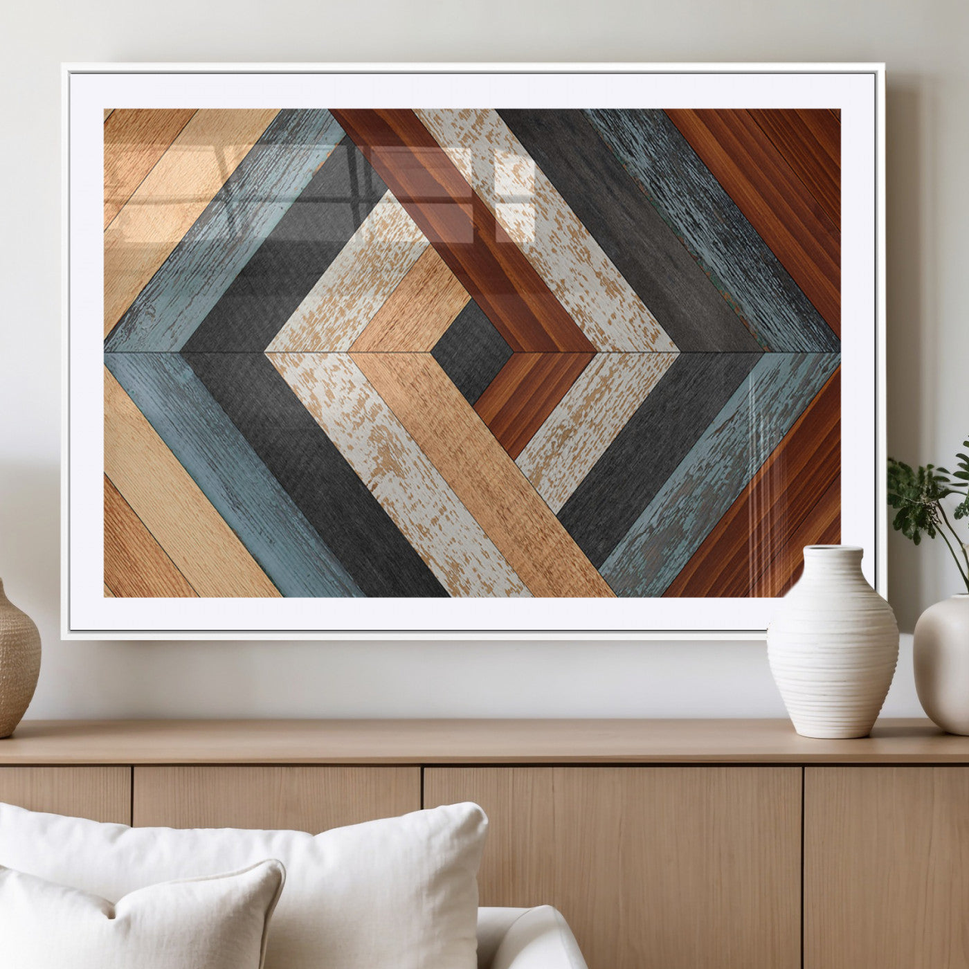 MGC-FP-36x24 - Geometric Wood Art Wall Decor Canvas Print, Rustic Wooden Pattern Triptych Wall Art for Living Room