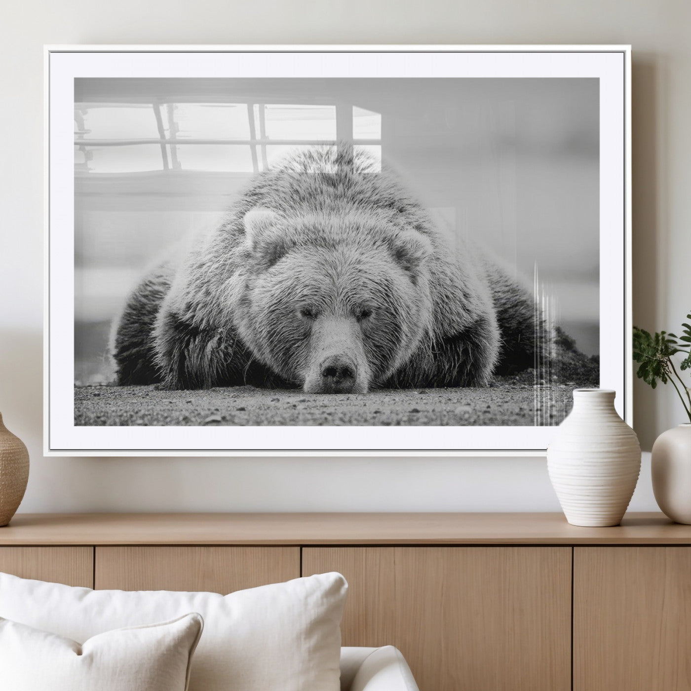 MGC-FP-36x24 - Resting Grizzly Bear Wall Art Canvas Print – Majestic Lazy Black and White Wildlife Bear Art,