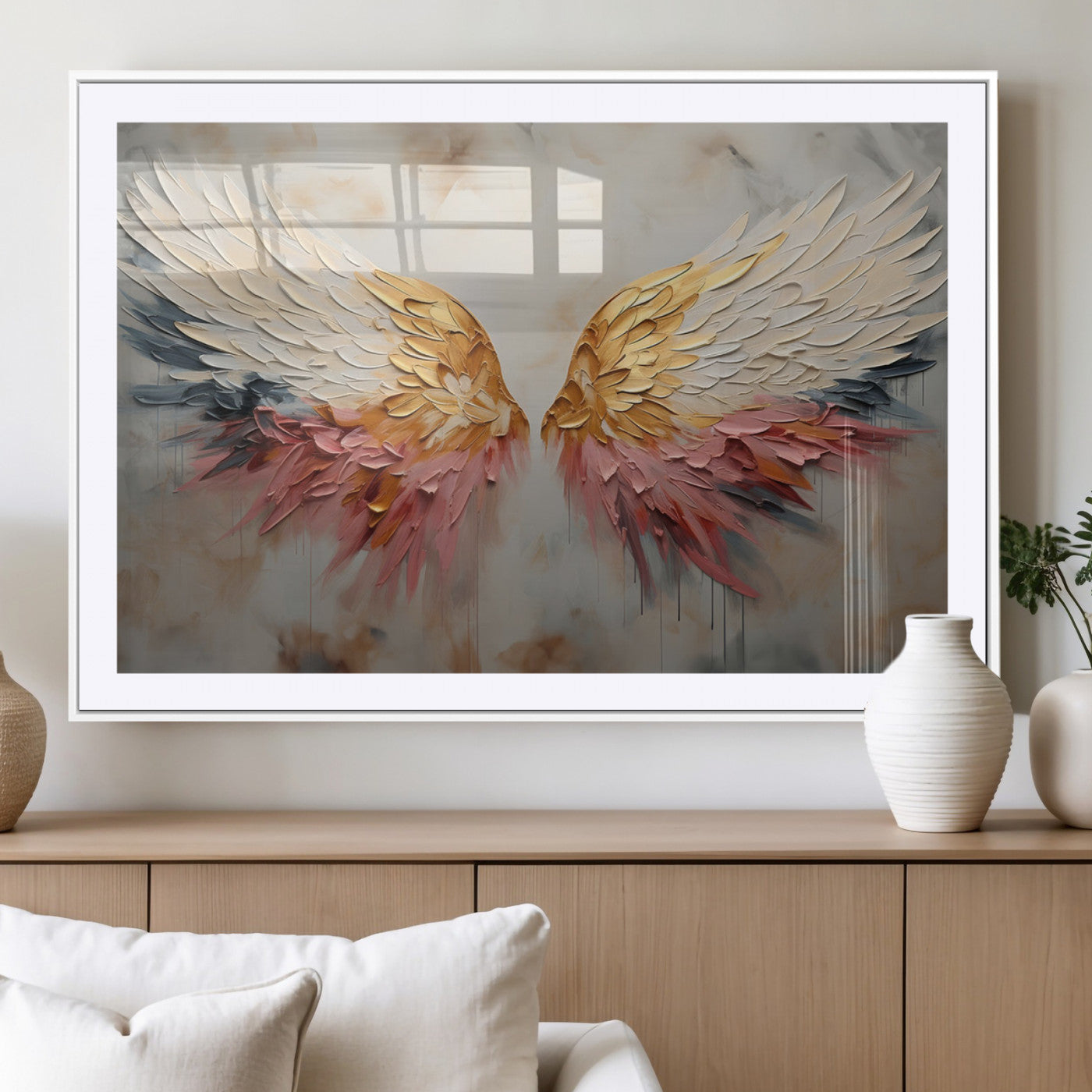 MGC-FP-36x24 - Golden Angel Wings Wall Art Canvas Print – Stunning Abstract Winged Art for Elegant Home Decor –