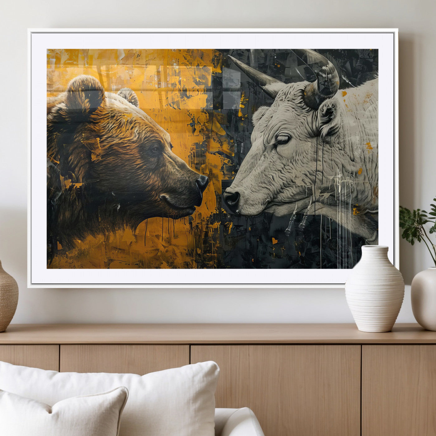 MGC-FP-36x24 - Bear and Bull Wall Art Canvas Print – Abstract Animal Portrait Painting for Modern Home Decor –
