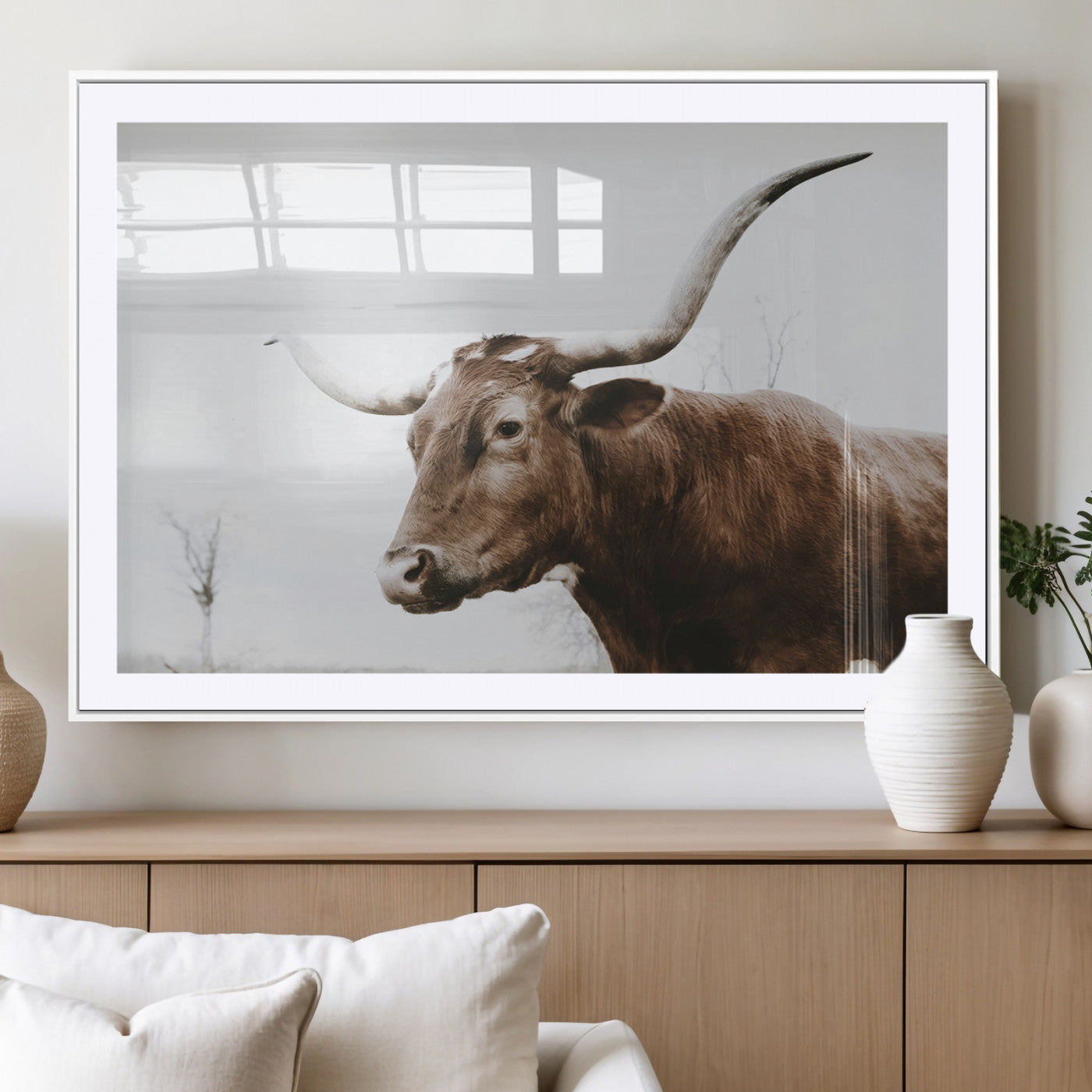 MGC-FP-36x24 - Rustic Bull Wall Art Canvas Print – Modern Longhorn Farmhouse Animal Decor – Abstract Farm Cow