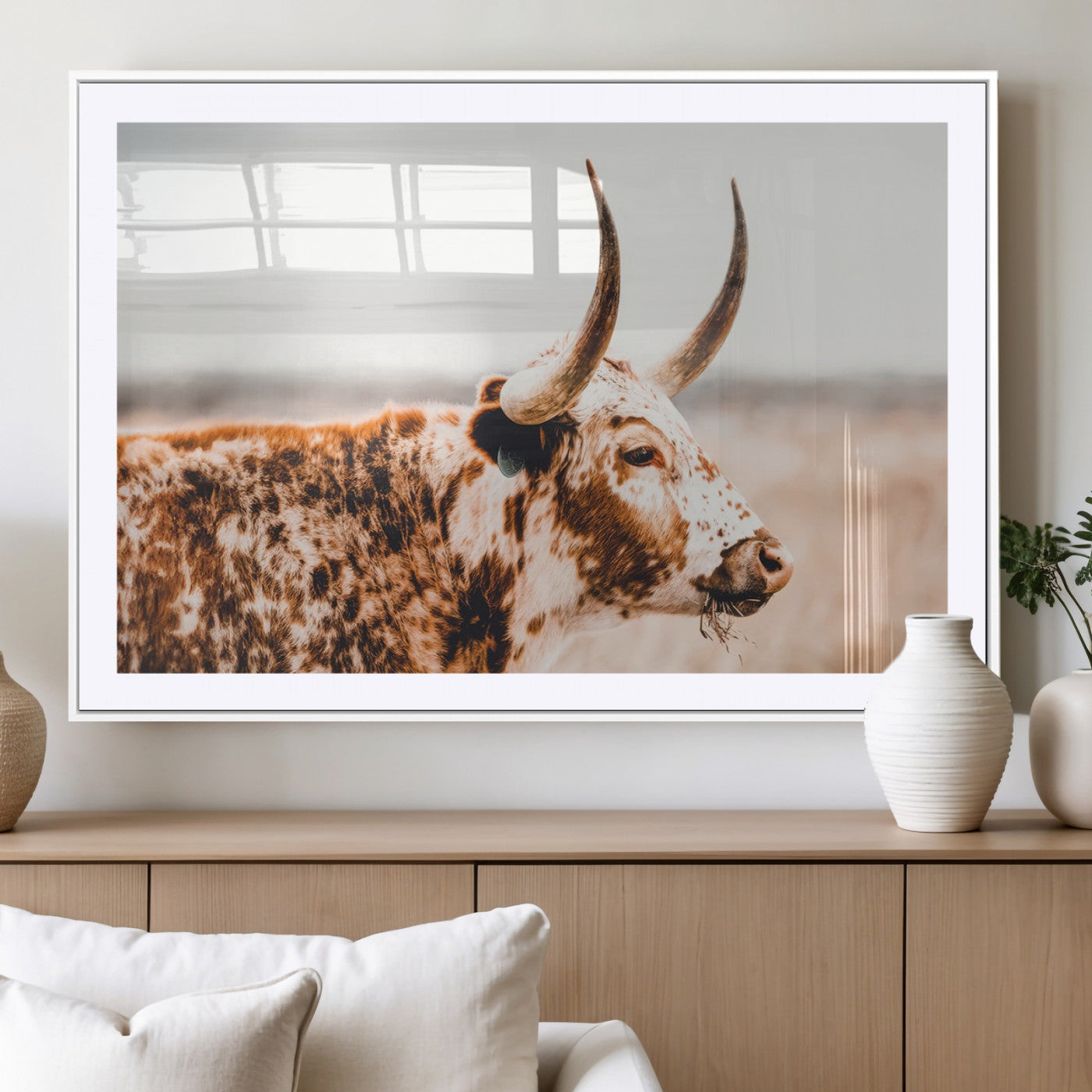 -Speckled Bull Wall Art Canvas Print – Rustic Cow Longhorn Farmhouse Animal Decor – Western Longhorn