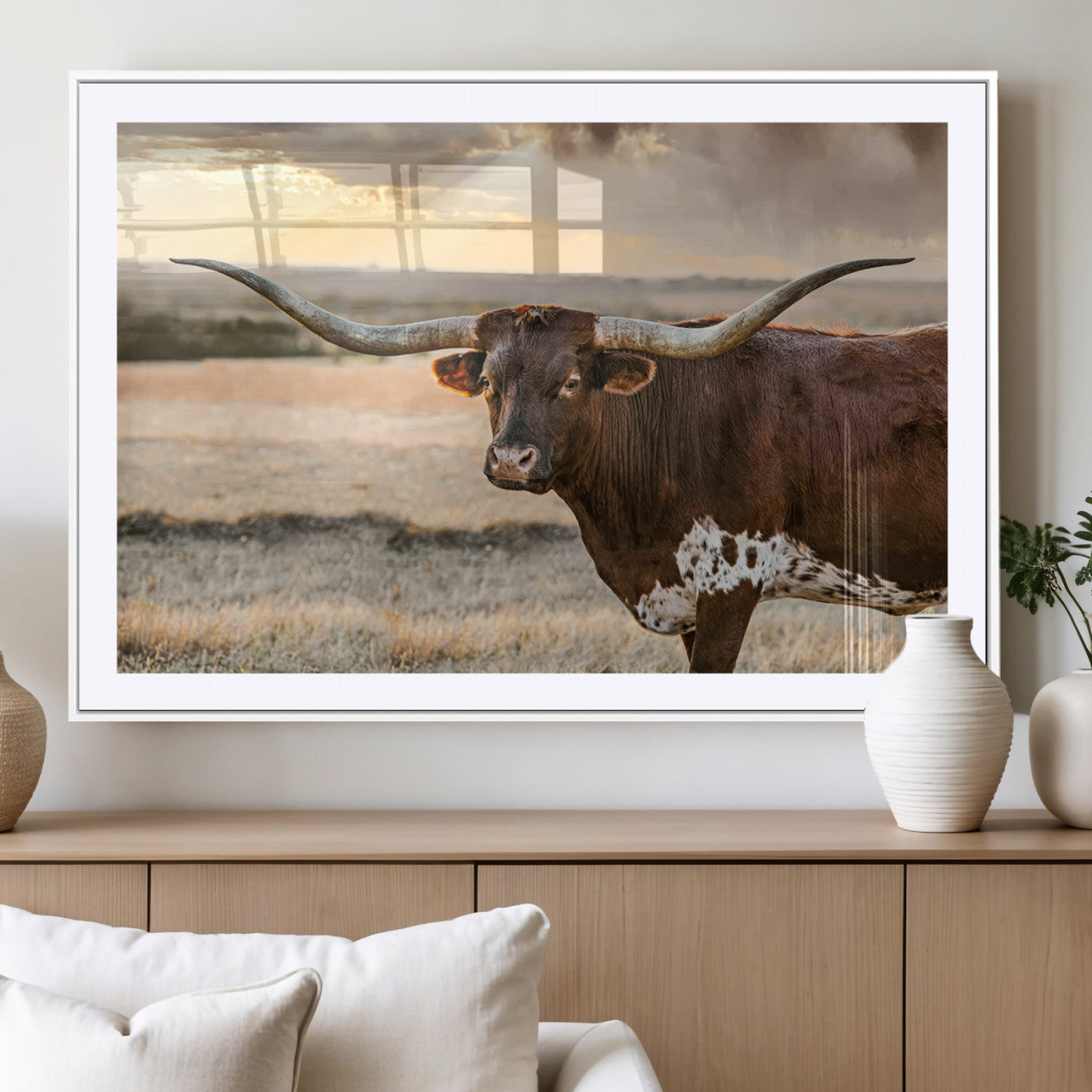 MGC-FP-36x24 - Texas Longhorn Wall Art Canvas Print, Rustic Ranch Decor, Majestic Western Longhorn Cattle