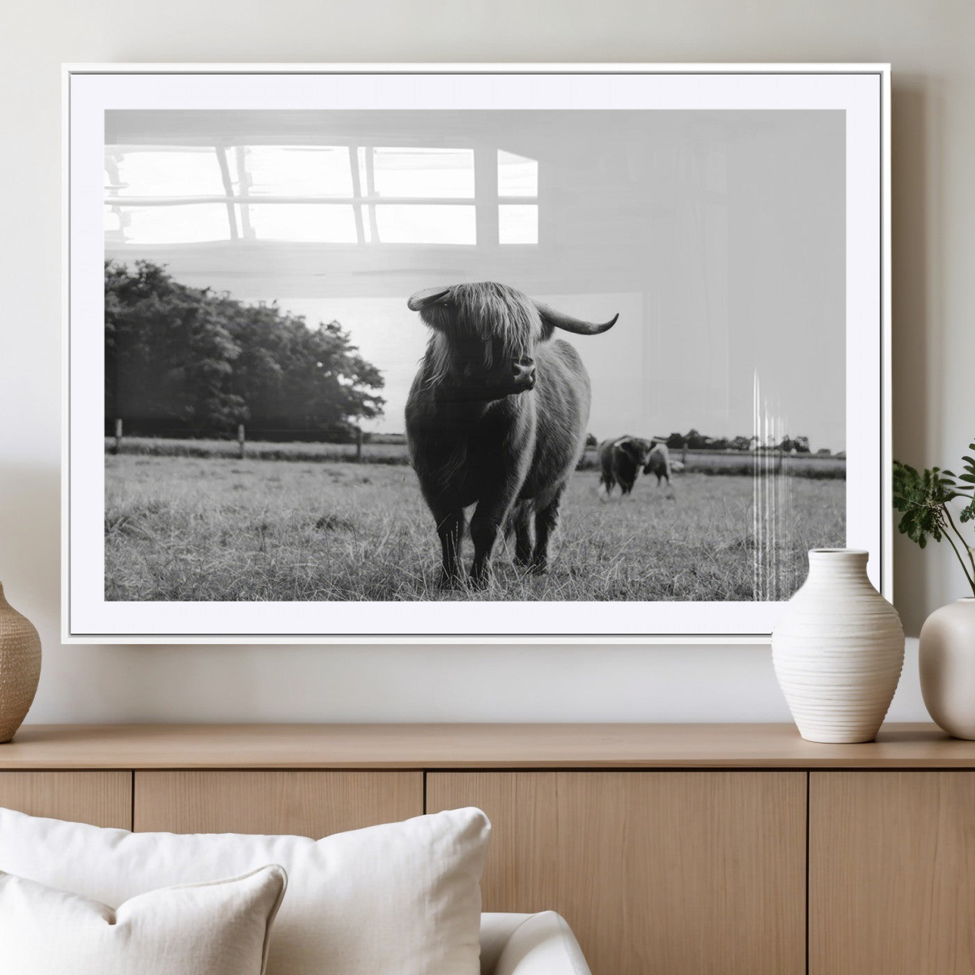 MGC-FP-36x24 - Black and White Highland Cow Wall Art Canvas Print | Rustic Western Decor for Living Room or Office,