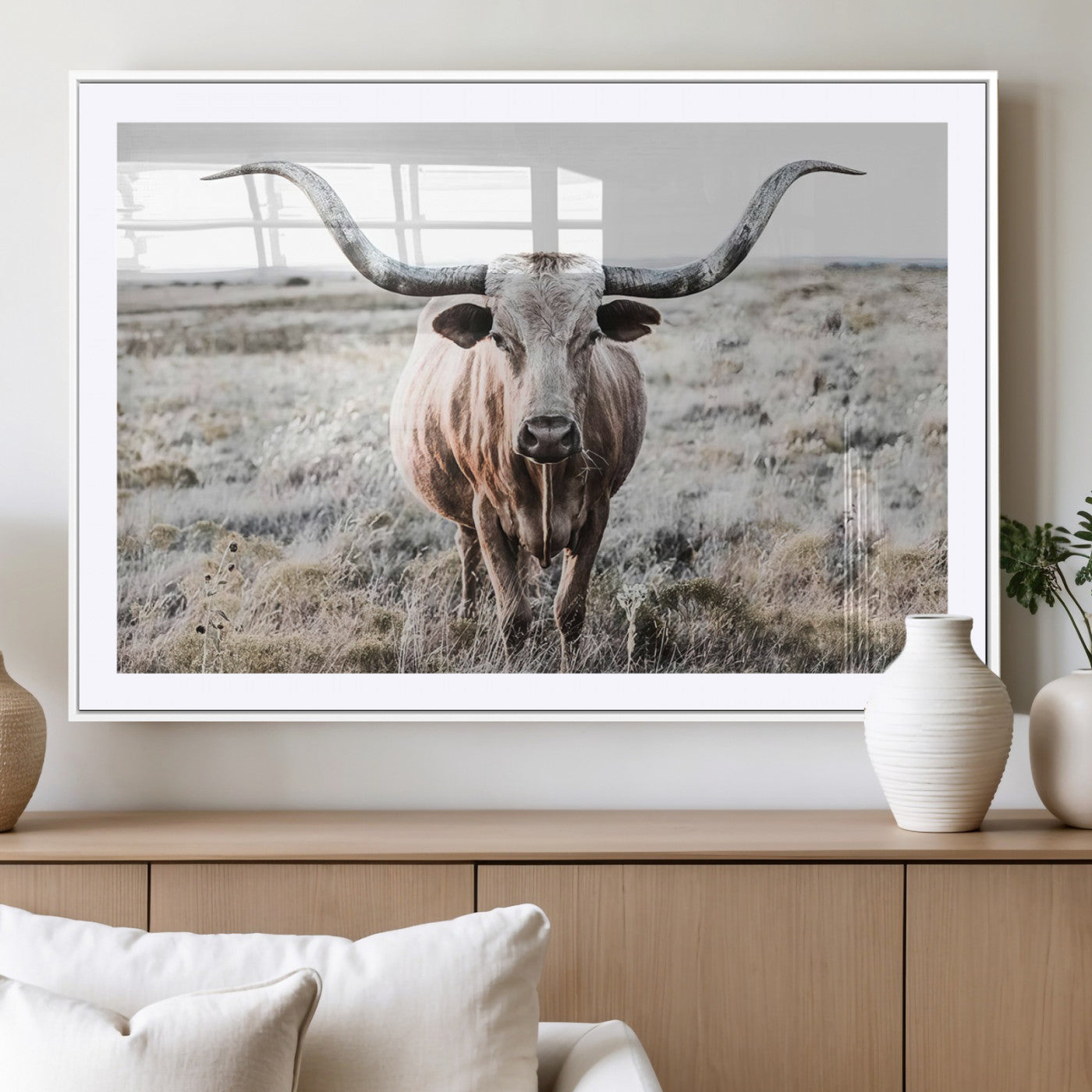 -Rustic Texas Longhorn Wall Art Canvas Print | Western Farmhouse Decor for Living Room or Office,
