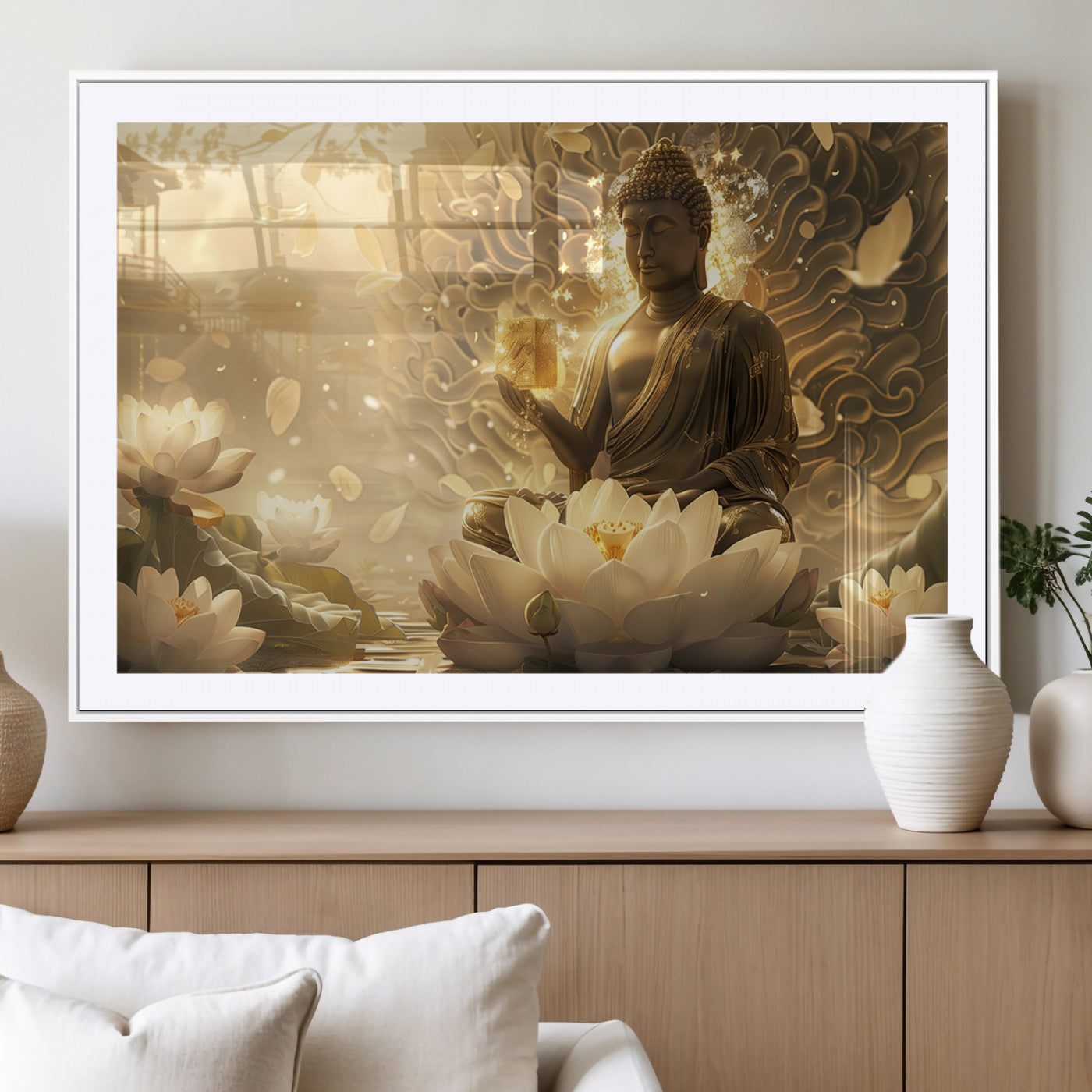 MGC-FP-36x24 - Golden Buddha Wall Art | Yoga Room Decor and Meditation Room Wall Art | Framed and Ready to Hang