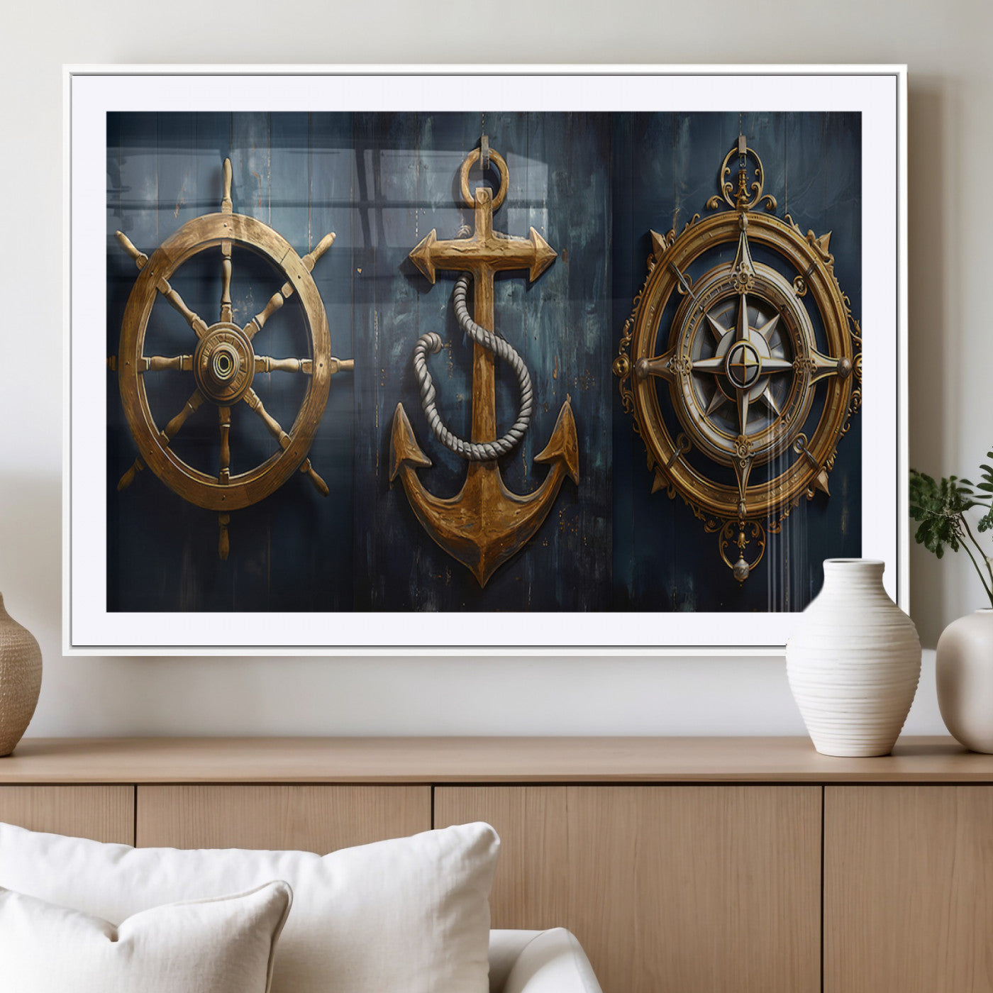 MGC-FP-36x24 - Boat Anchor Compass With Rope Wall Art Canvas Print | Beach House Wall Art