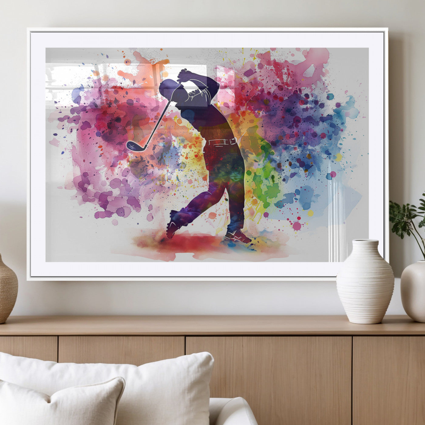 MGC-FP-36x24 - Colorful Golfer Swing Wall Art Canvas Print - Ready to Hang, Framed Sports Decor