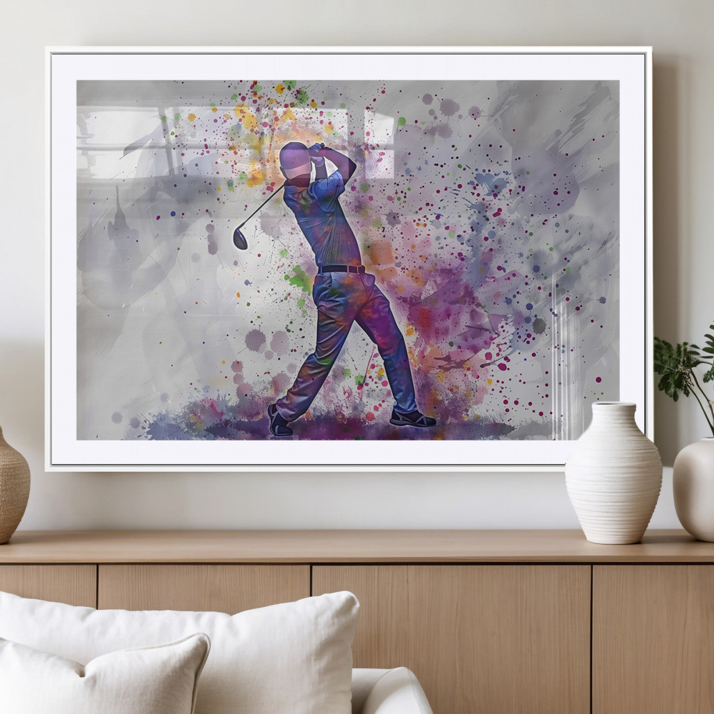 60116-MGC-FP-36x24_White-Watercolor Golf Swing Wall Art Canvas Print | Vibrant Abstract Golf Player Silhouette |