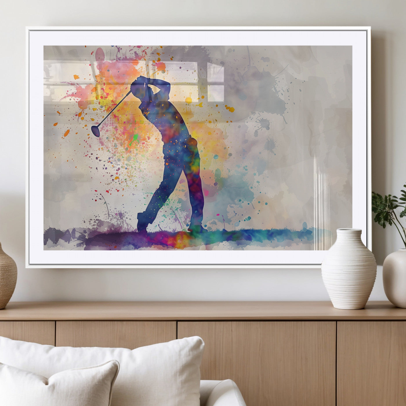 89625-MGC-FP-36x24_White-Watercolor Golf Swing Wall Art Canvas Print | Vibrant Abstract Golf Player Silhouette |