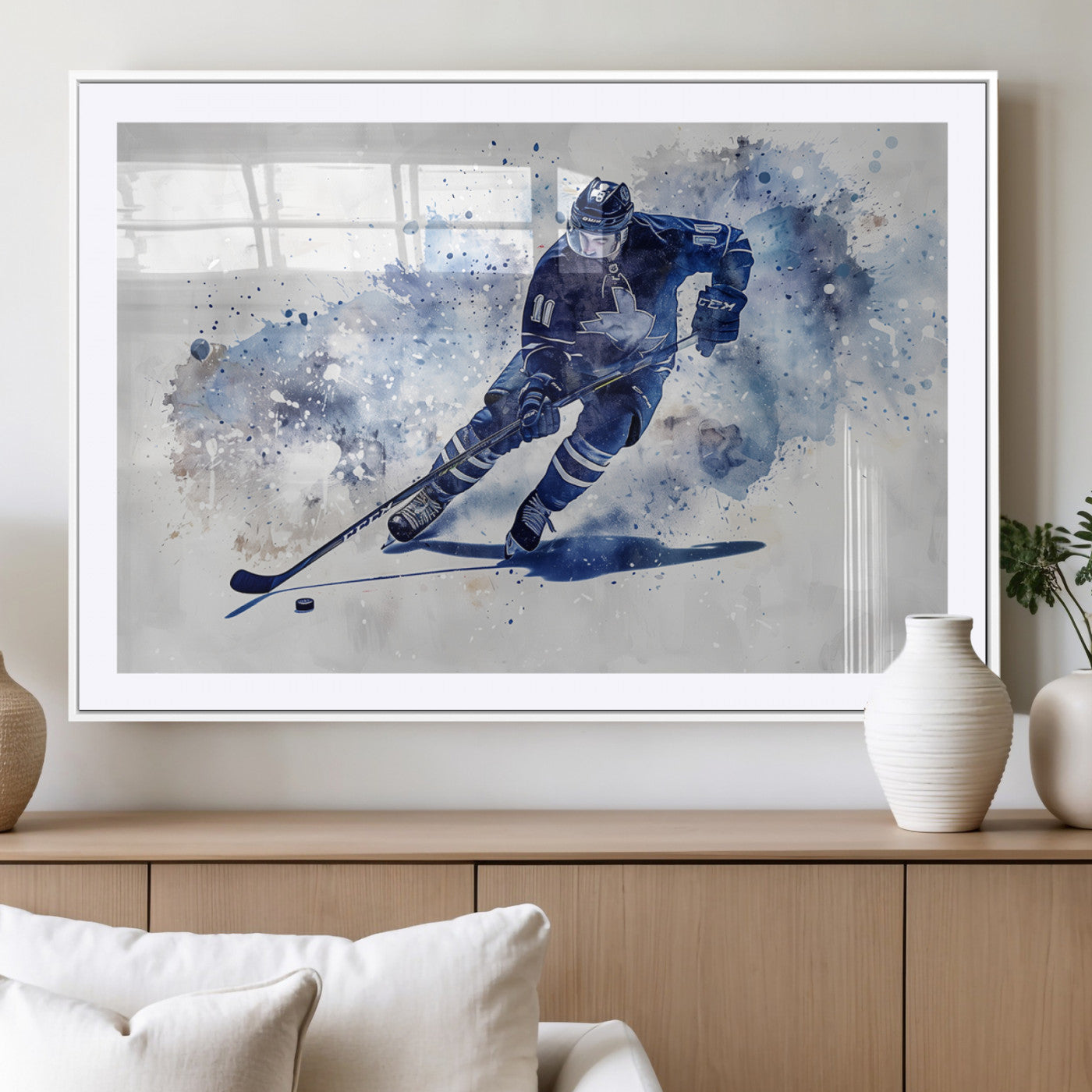 39795-MGC-FP-36x24_White-Hockey Player Wall Art Canvas Print - Sports-Inspired Watercolor Decor - Ready to Hang