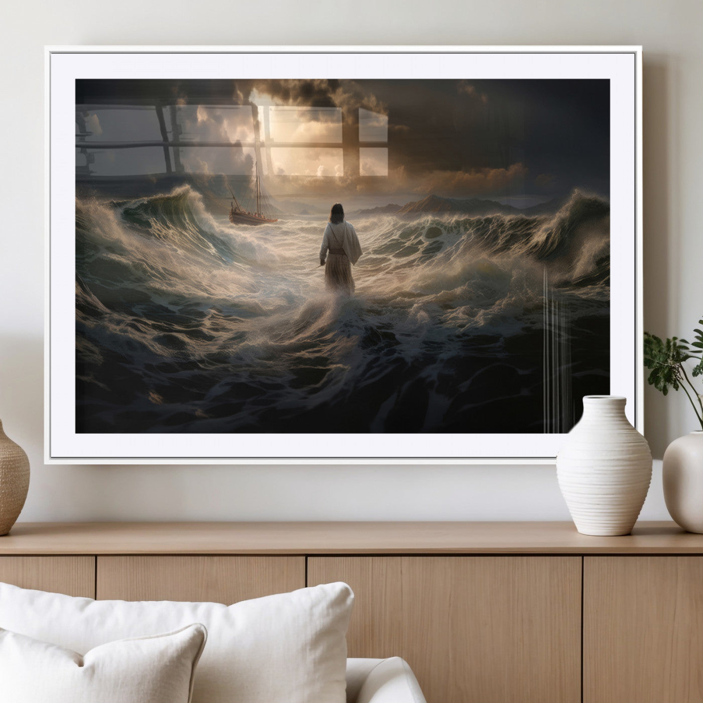 MGC-FP-36x24 - Jesus Walking on Water Wall Art Canvas Print - Religious Spiritual Decor - Jesus Wall Art Canvas