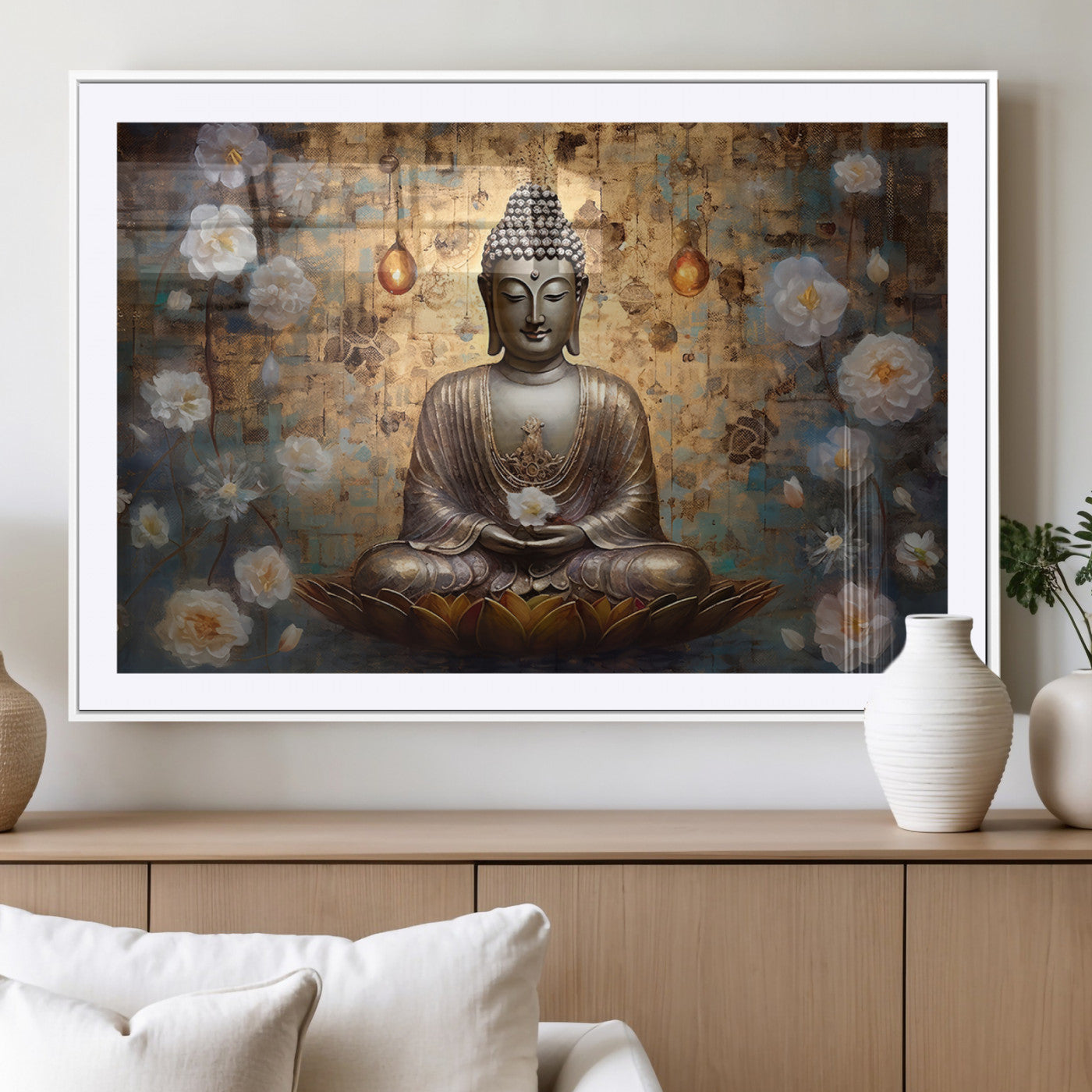 MGC-FP-36x24 - Golden Buddha Wall Art Canvas Print | Zen Meditation Floral Decor | Tranquil Spiritual Home Art |