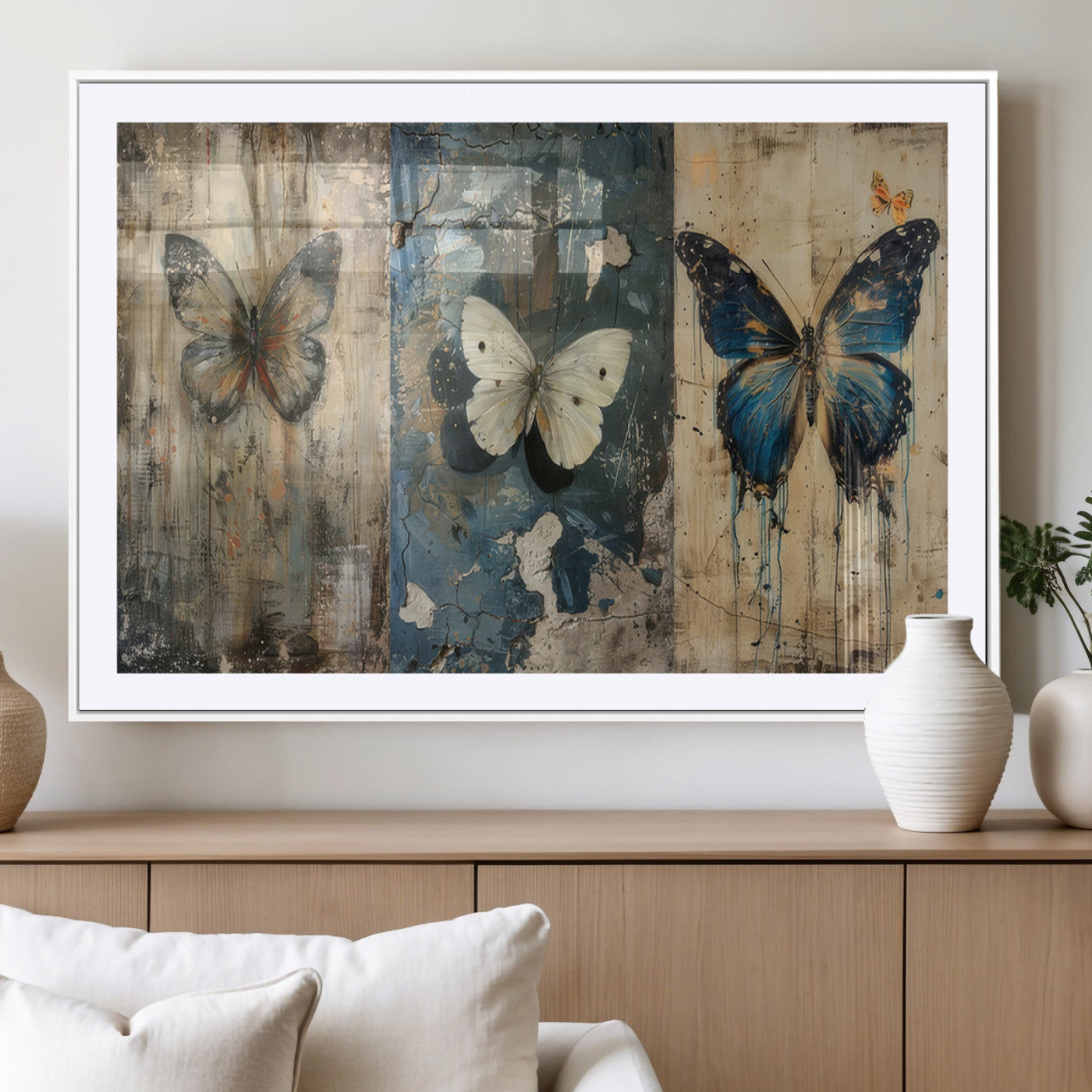 MGC-FP-36x24 - Butterfly Wall Art Trio | Vintage Butterfly Canvas Print | Ready to Hang Framed Artwork for