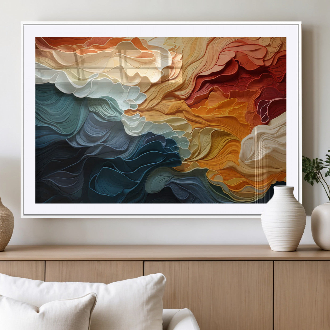 MGC-FP-36x24 - Blue Orange Abstract Wave Wall Art Canvas Print, Framed Blue Orange Wave Wall Art