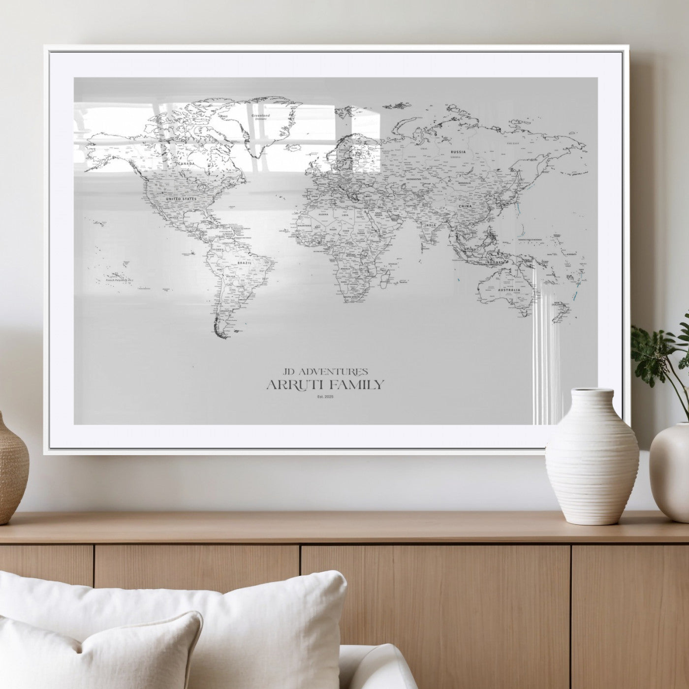 MGC-FP-36x24 - Custom World Map Wall Art – Personalized Framed Canvas Print with Push Pins for Travel Tracking,