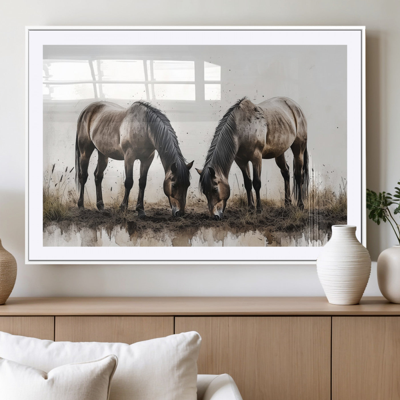 MGC-FP-36x24 - Chines Ink Style Horses Wall Art Canvas Print