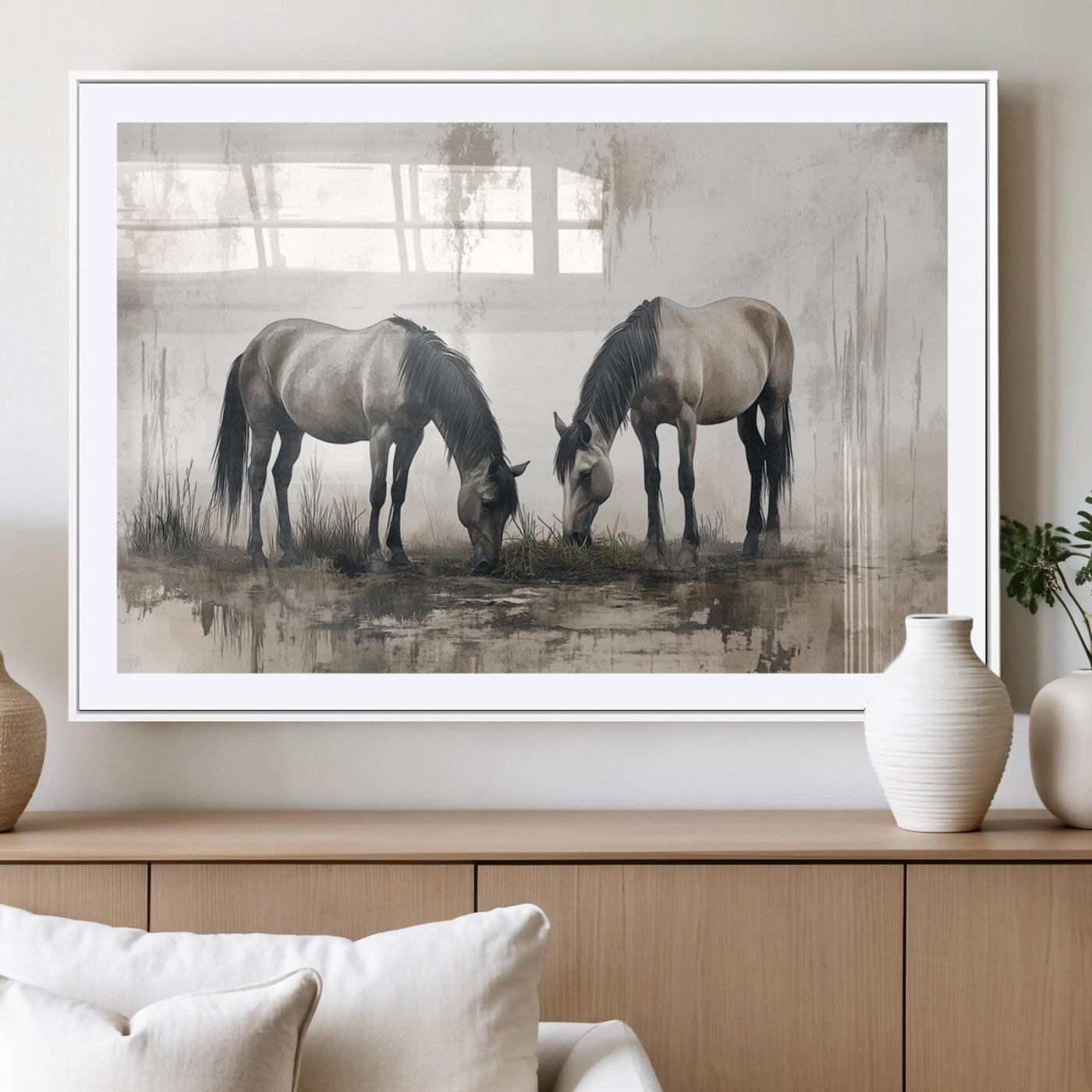 MGC-FP-36x24 - Chines Ink Style Vintage Horses Wall Art Canvas Print for Farmhouse Wall Decor
