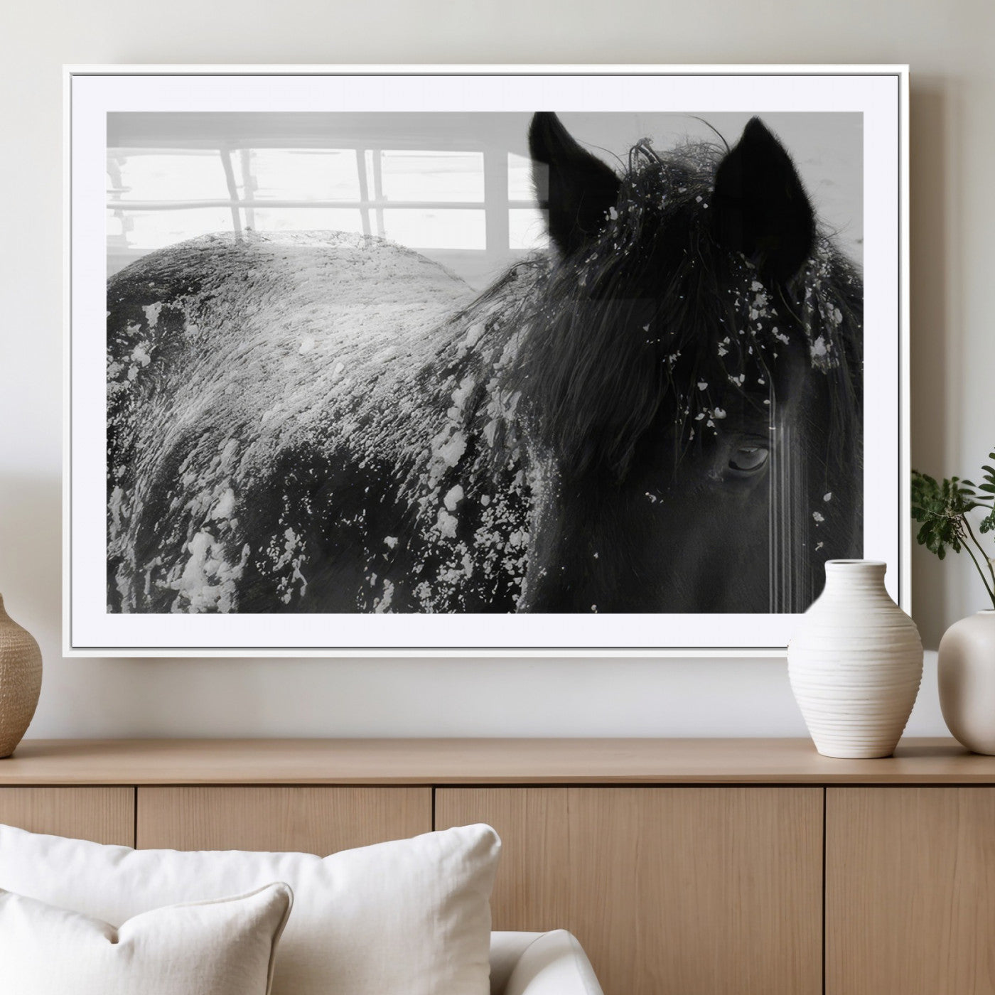 MGC-FP-36x24 - Black Horse in Snow Canvas Print | Winter Horse Wall Art | Ready to Hang and Framed | Farmhouse Wall