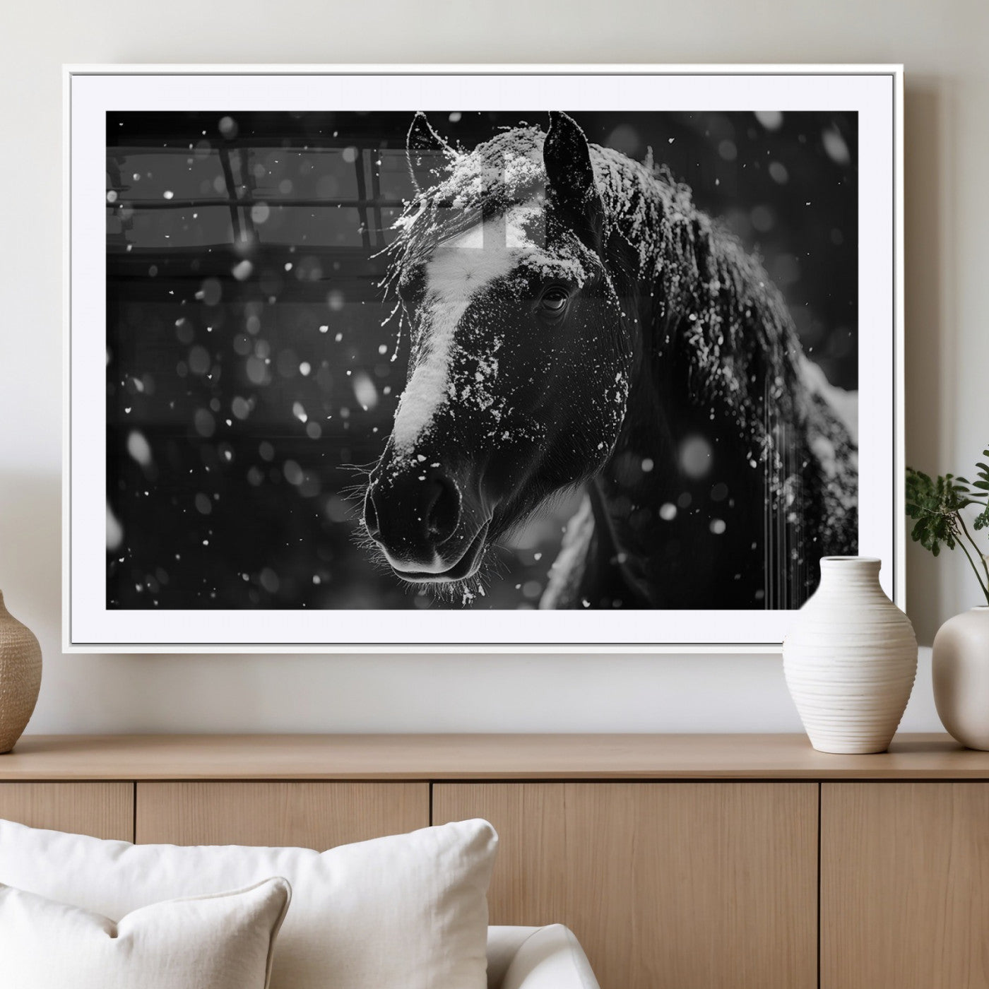 MGC-FP-36x24 - Winter Horse Wall Art | Black and White Horse Print | Ready to Hang and Framed | Farmhouse Wall Art