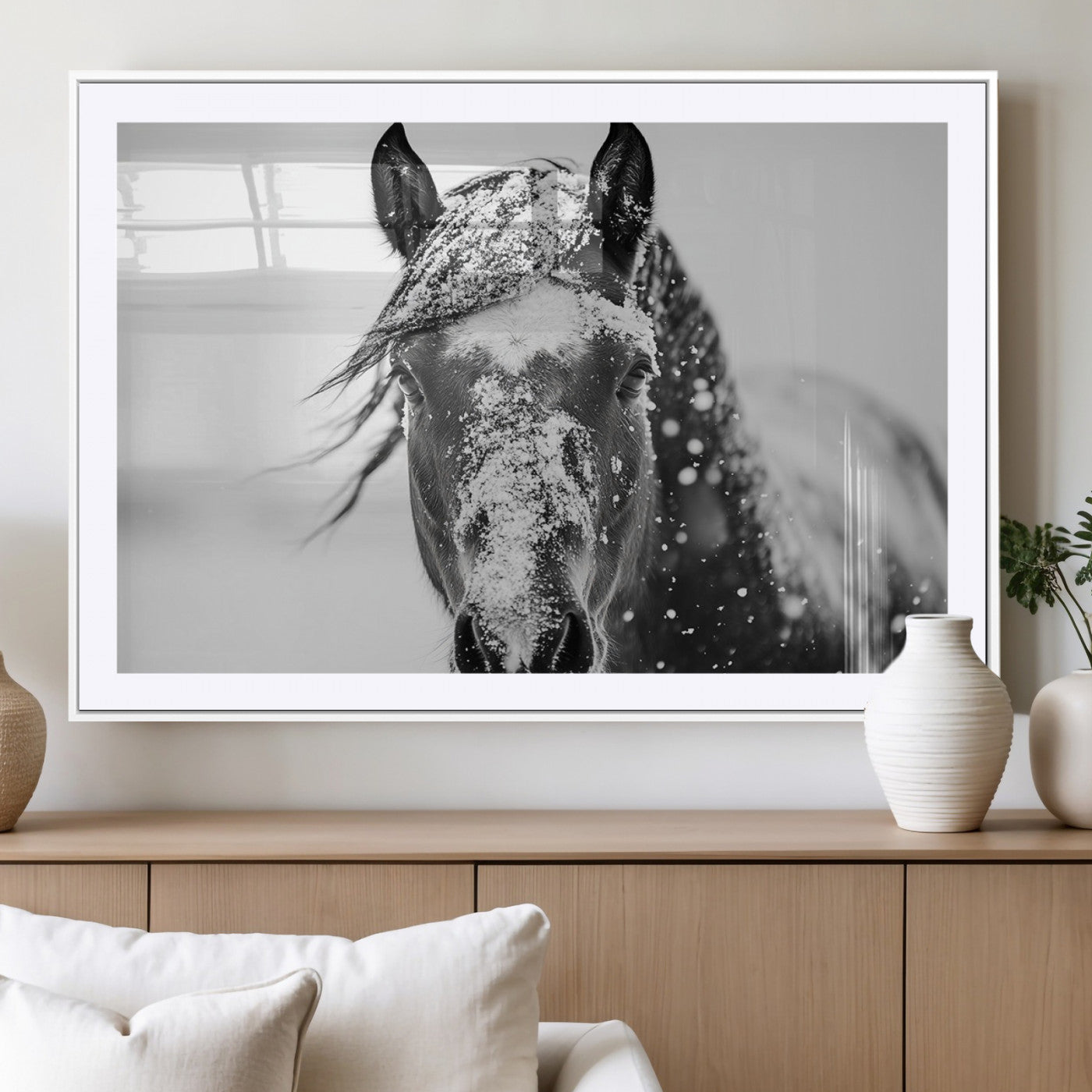 MGC-FP-36x24 - Western Wall Art | Black and White Winter Horse Wall Art | Ready to Hang and Framed | Farmhouse and