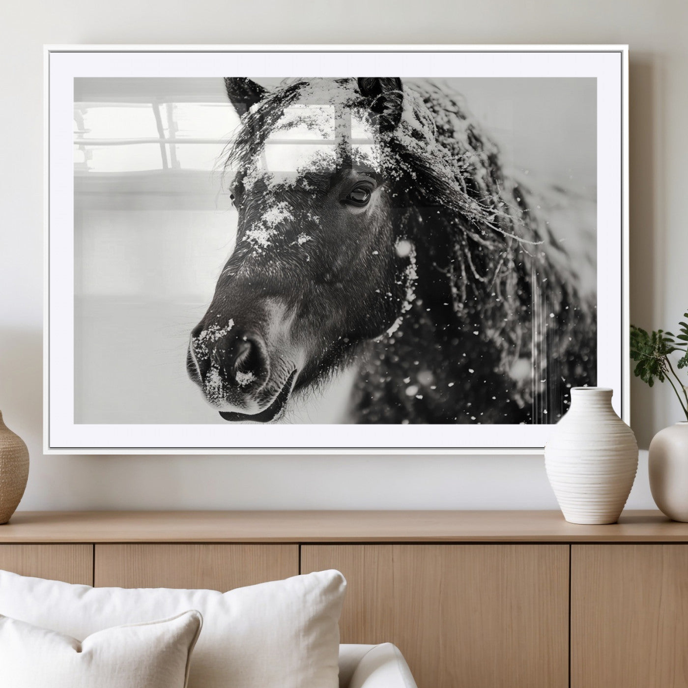 MGC-FP-36x24 - Framed Black and White Horse Wall Art | Ready to Hang and Framed | Farmhouse and Western Wall Decor
