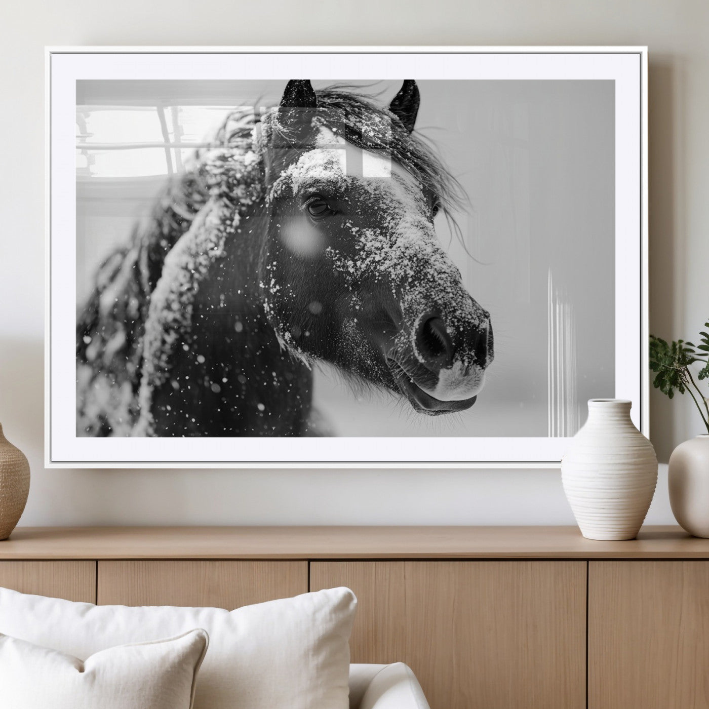 MGC-FP-36x24 - Winter Horse Canvas Print | Large 3-Panel Black White Equine Photography for Rustic Farmhouse Wall