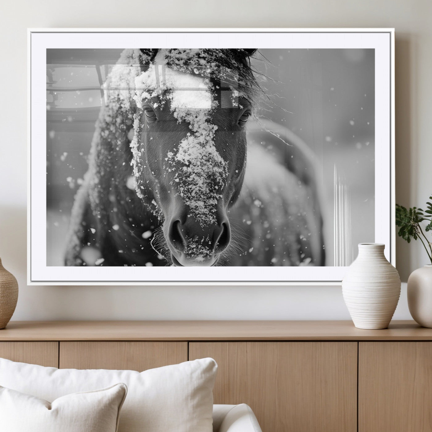 MGC-FP-36x24 - Black and White Horse Winter Wall Art | Ready to Hang and Framed | Farmhouse Wall Decor | Western