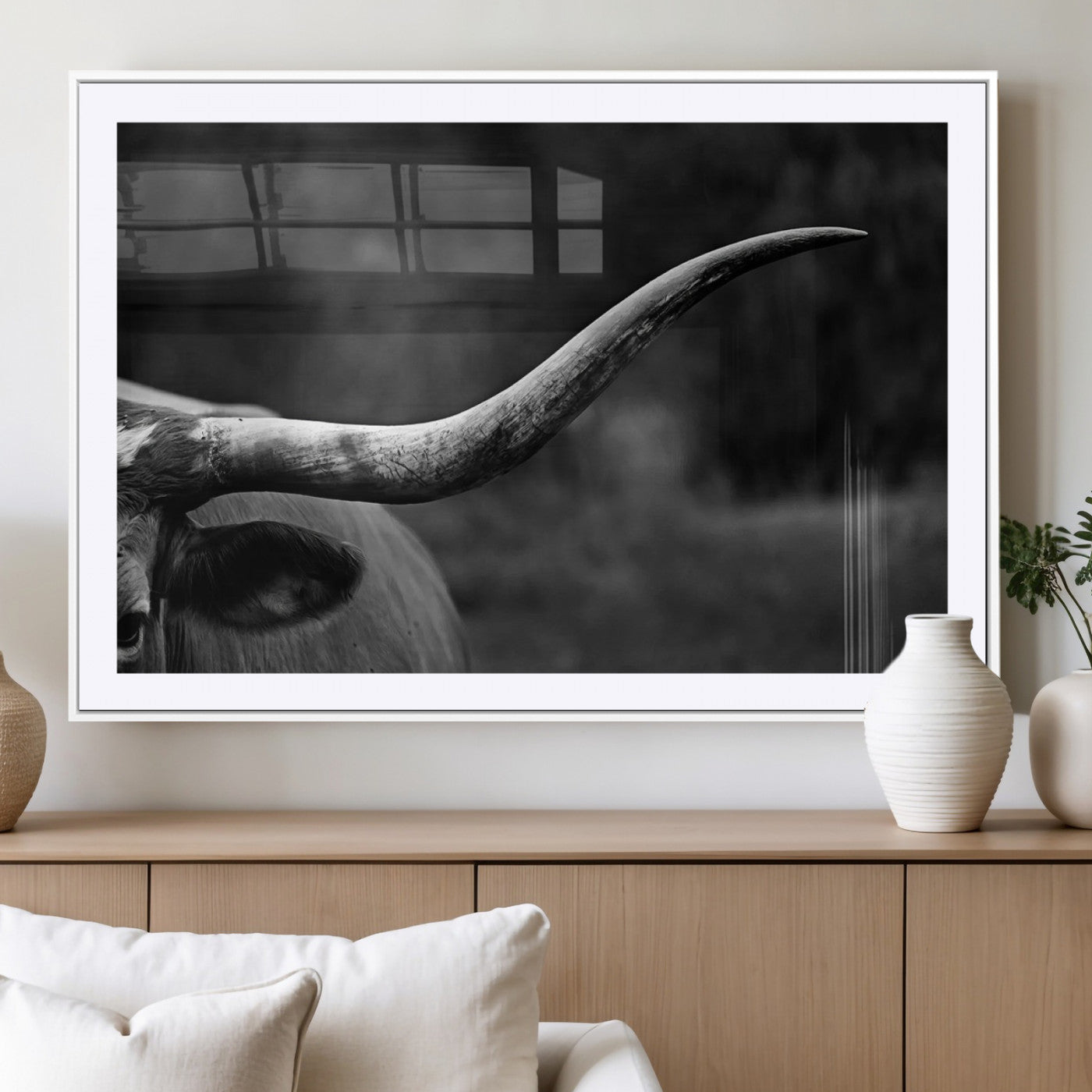 MGC-FP-36x24 - Cow Longhorn Wall Art | Black and White Print | Ready to Hang and Framed | Farmhouse Wall Decor |