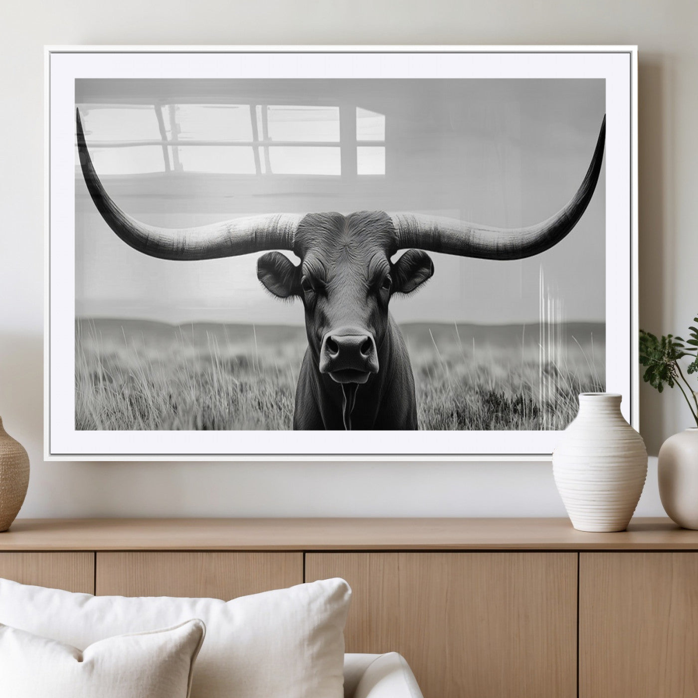 -Longhorn Bull Canvas Print | Rustic Farmhouse Wall Art | Western Decor | Ready to Hang and Framed