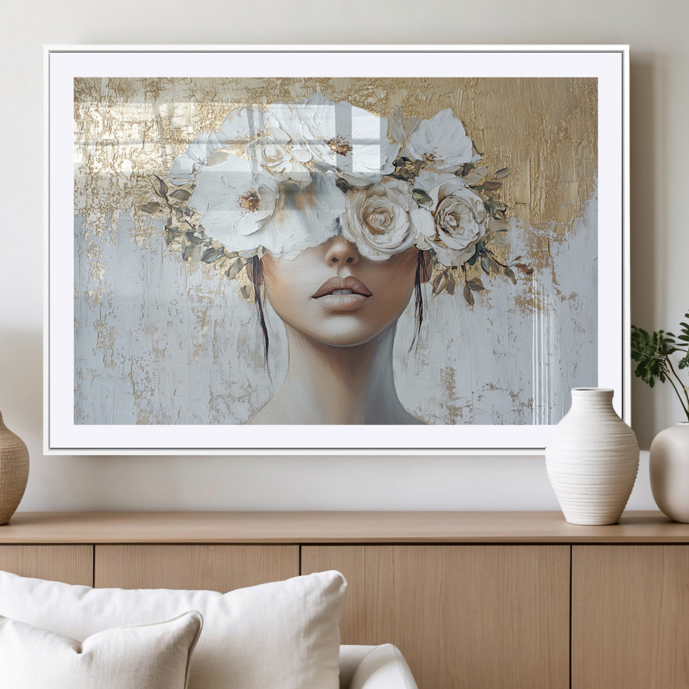 MGC-FP-36x24 - Golden Petal Wall Art - Canvas Print Flower Head Woman Painting Floral Woman Portrait Wall Decor,