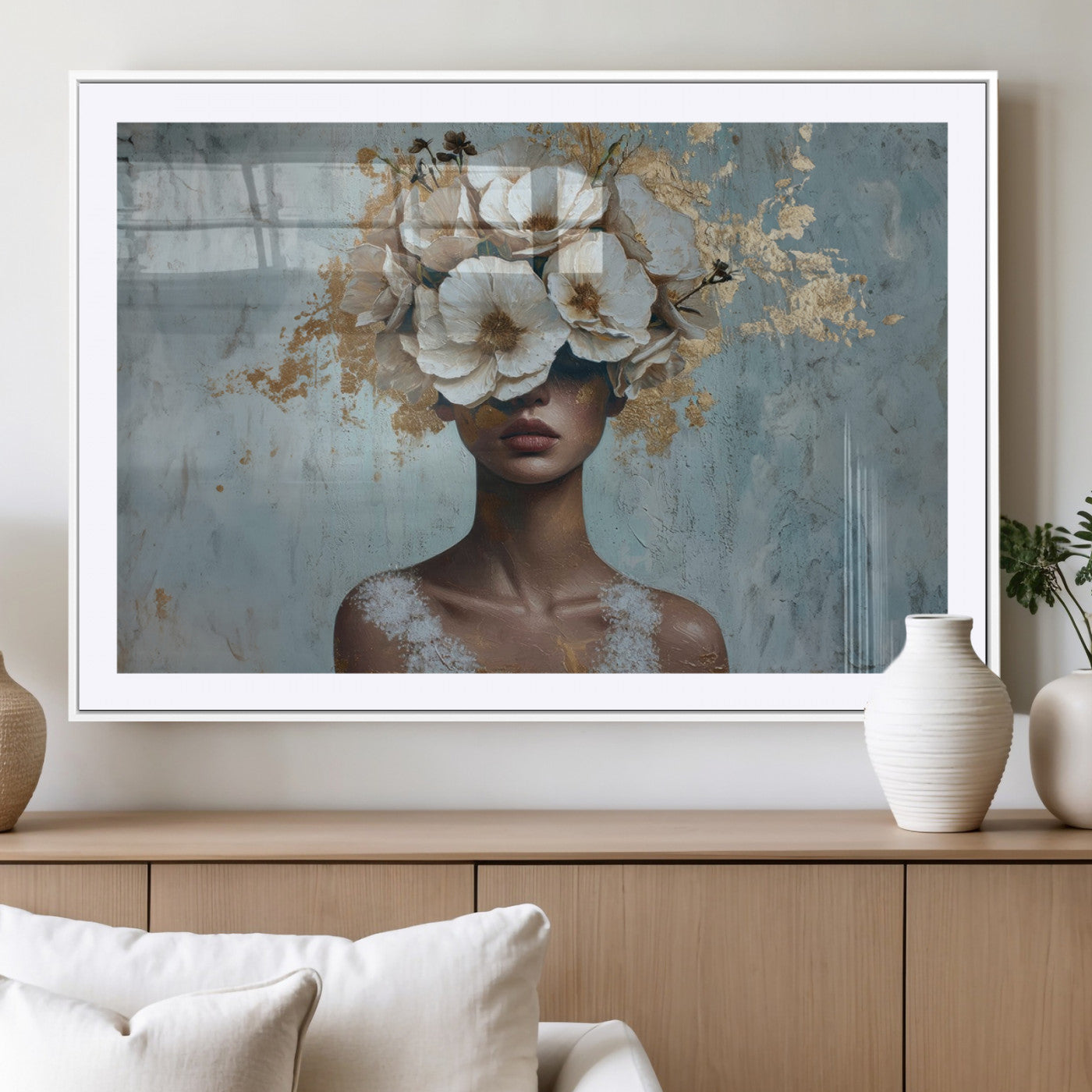 MGC-FP-36x24 - Golden Petal Wall Art - Petal Silhouette Woman Wall Art Canvas Print | Large 3-Panel Canvas with