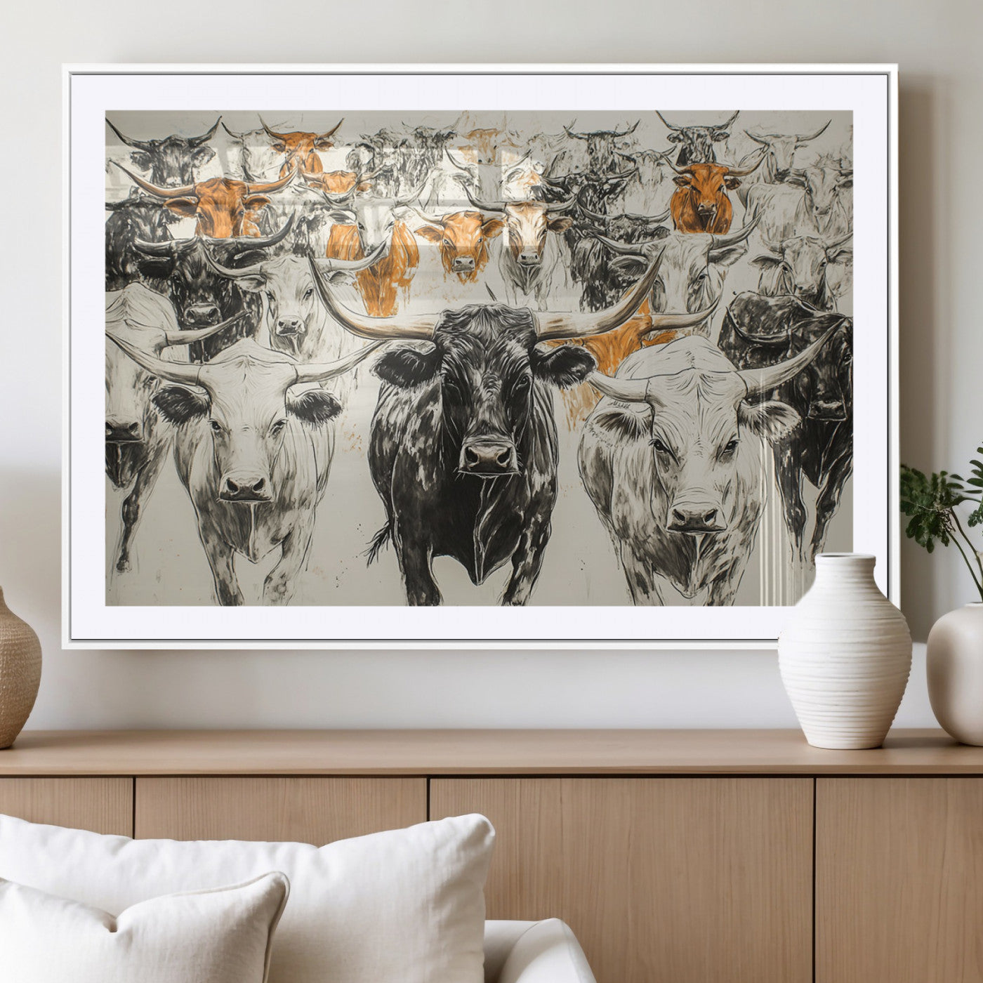 MGC-FP-36x24 - Texas Longhorn Wall Art - Herd Canvas Wall Art Print - Abstract Cow Drawing Wall Art Print for