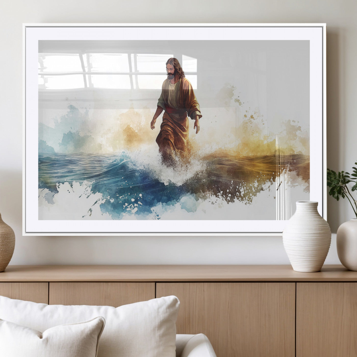 MGC-FP-36x24 - Watercolor Jesus Walking Wall Art Print, Jesus Water Canvas Print, Christian Wall Art, Jesus Christ