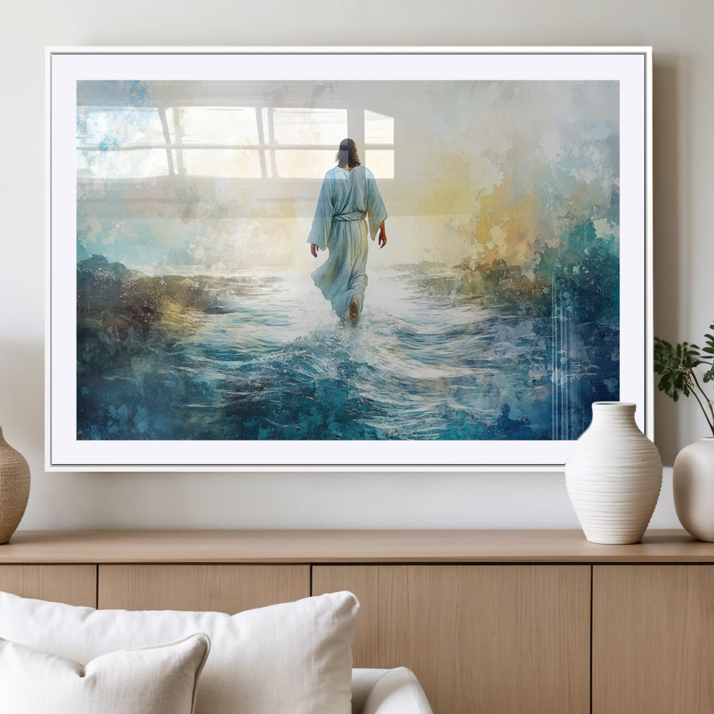 MGC-FP-36x24 - Watercolor Jesus Walking on Water Canvas Print, Christian Wall Art, Jesus Christ Walking