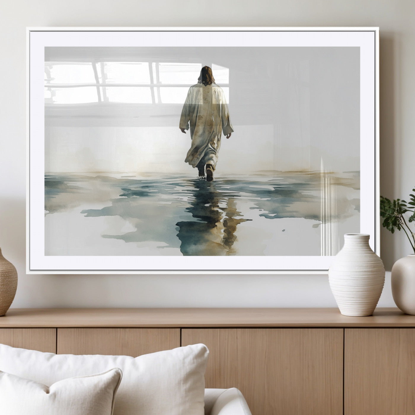 MGC-FP-36x24 - Watercolor Jesus Walking on Water Canvas Print, Christian Wall Art, Jesus Christ Walking
