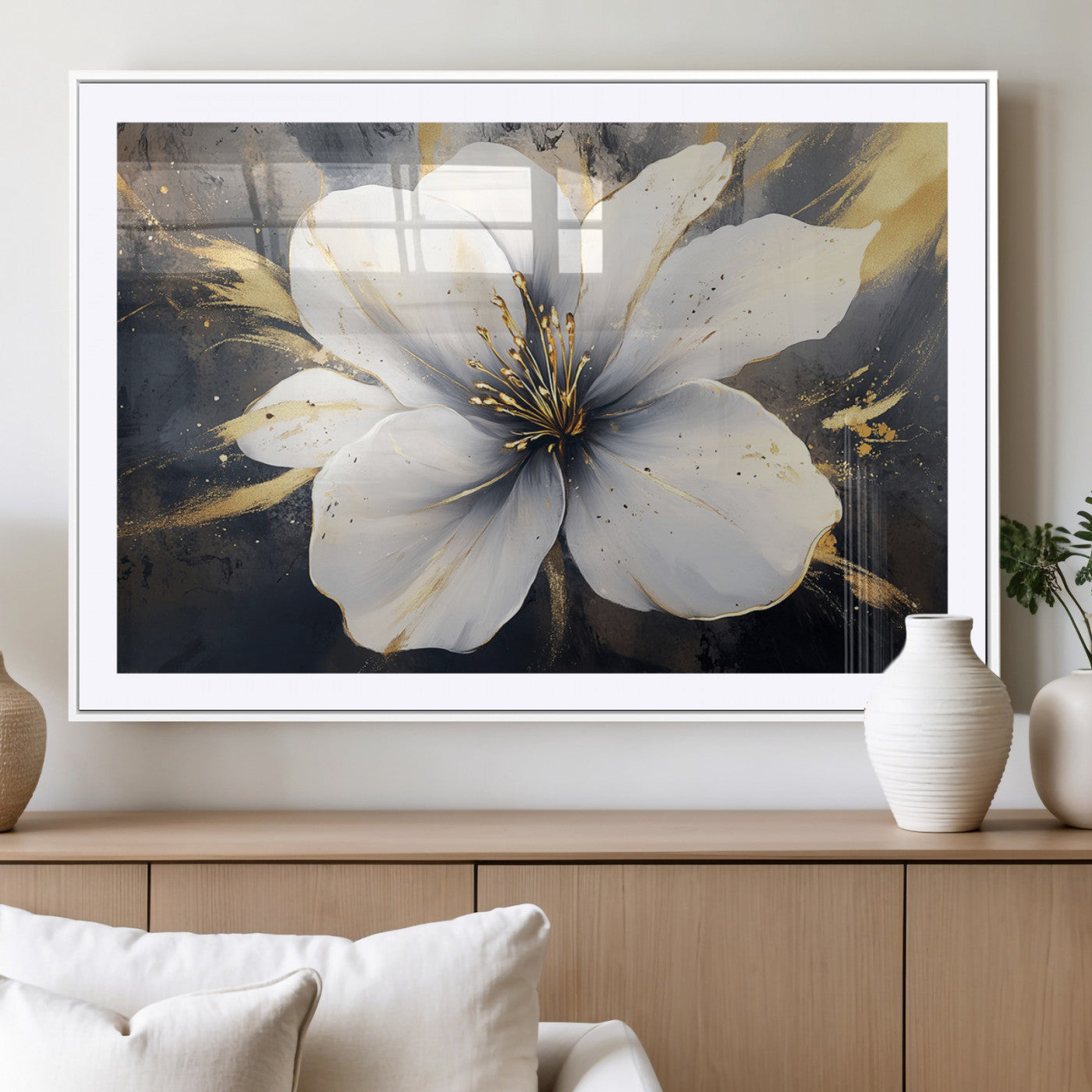 MGC-FP-36x24 - White Flower Wall Art Canvas Print | Ready to Hang | Abstract Floral Wall Decor | Elegant Bloom