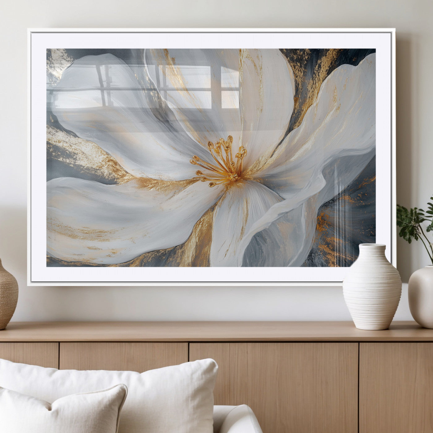 MGC-FP-36x24 - White and Gold Floral Canvas Wall Art - Framed and Ready to Hang - Perfect for Modern Living Rooms