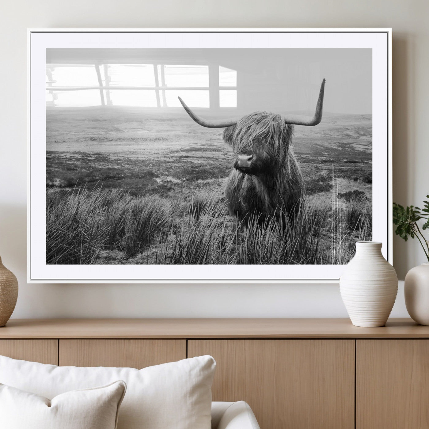 MGC-FP-36x24 - Scottish Highland Cow Wall Art | Black and White Canvas Print | Ready to Hang and Framed | Rustic