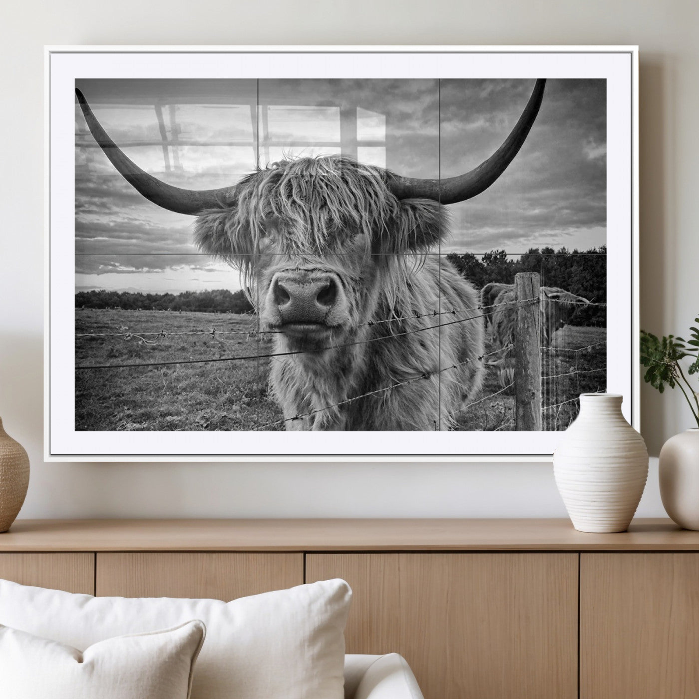 71937-MGC-FP-36x24_White-Scottish Highland Cow Canvas Wall Art Farmhouse Decor, Framed Scottish Highland Cow Print